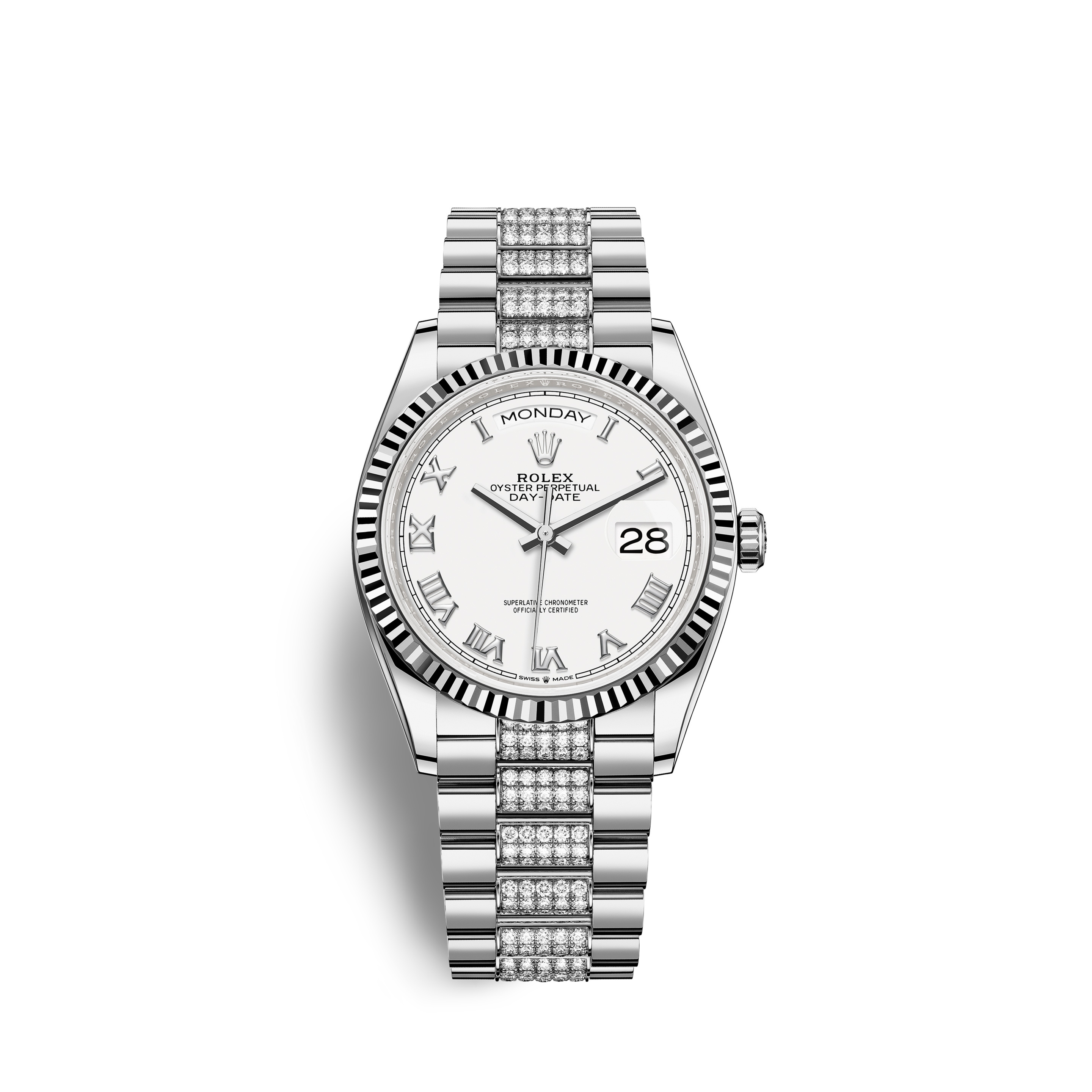 Rolex 128239-0039 : Day-Date 36 White Gold Fluted / White - Roman / President - Diamond