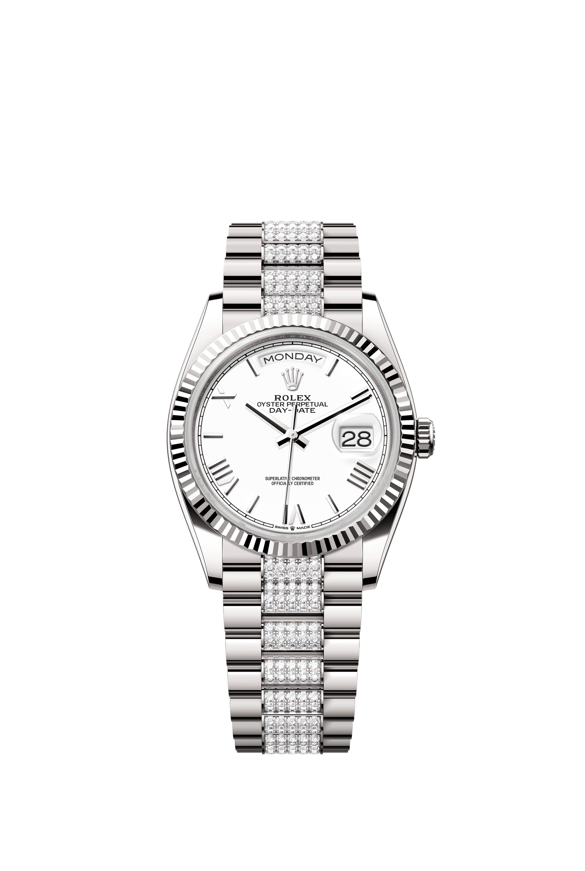 Rolex 128239-0060 : Day-Date 36 White Gold - Fluted / White - Roman / President - Diamond