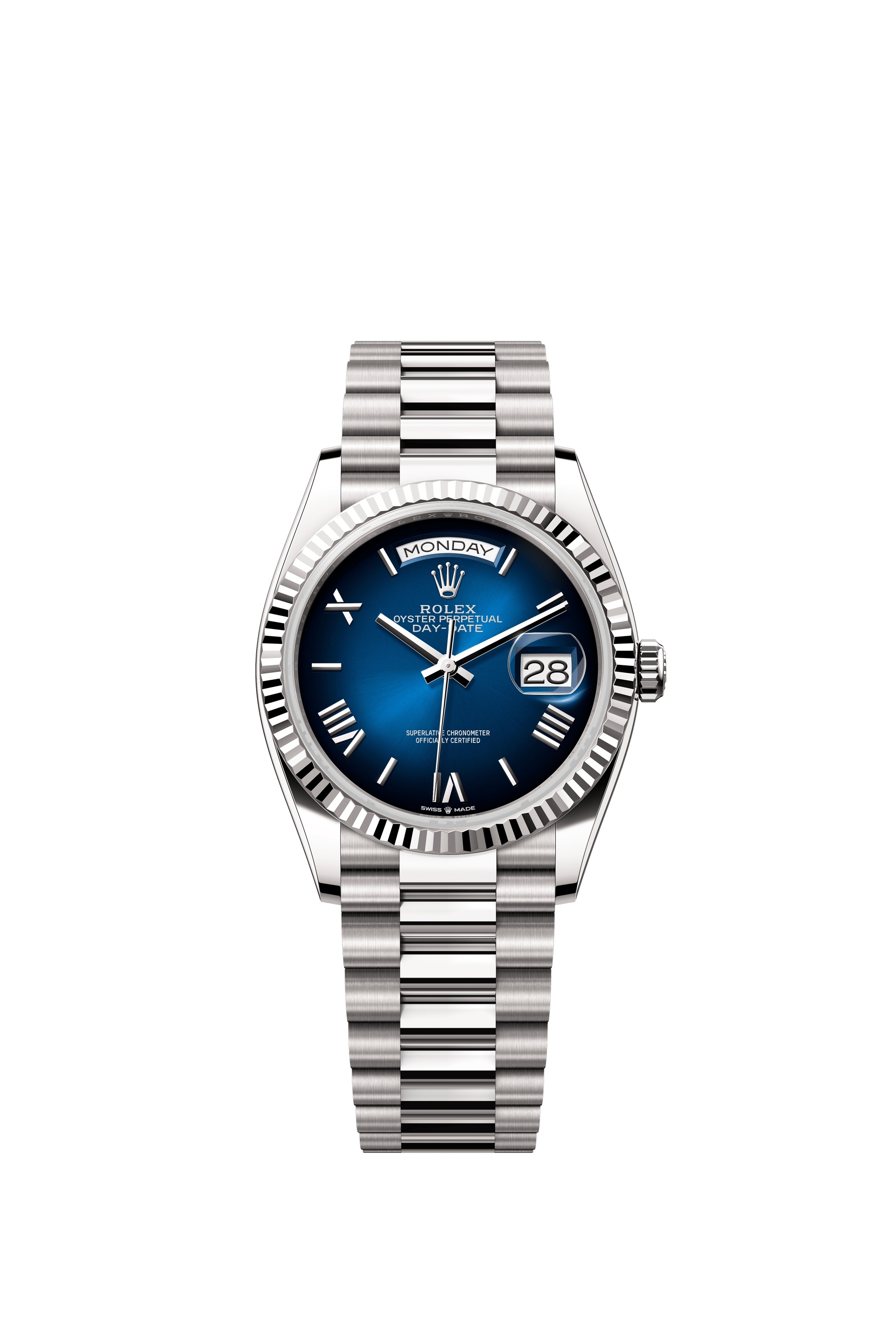 Rolex 128239-0063 : Day-Date 36 White Gold - Fluted / Blue Ombré - Roman / President