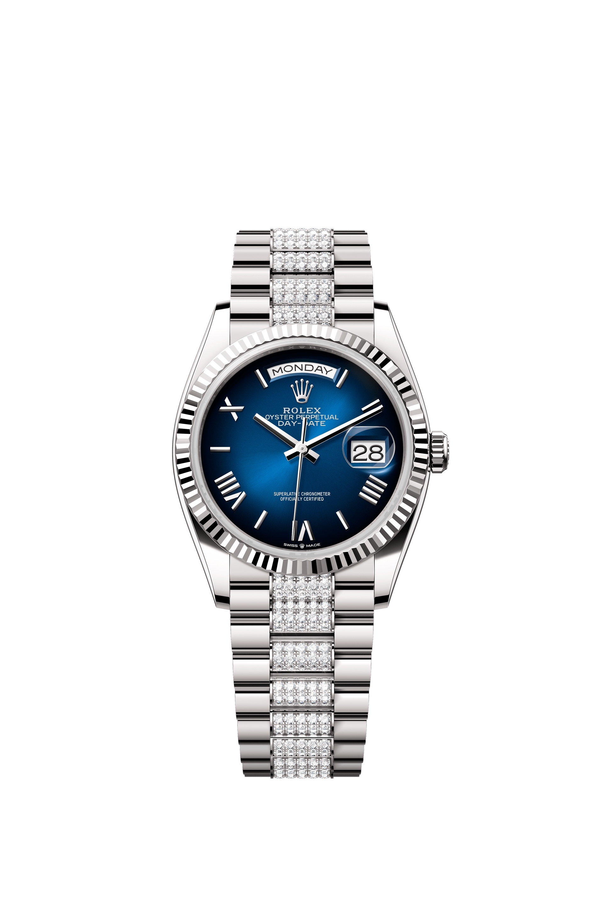 Rolex 128239-0064 : Day-Date 36 White Gold - Fluted / Blue Ombré - Roman / President - Diamond