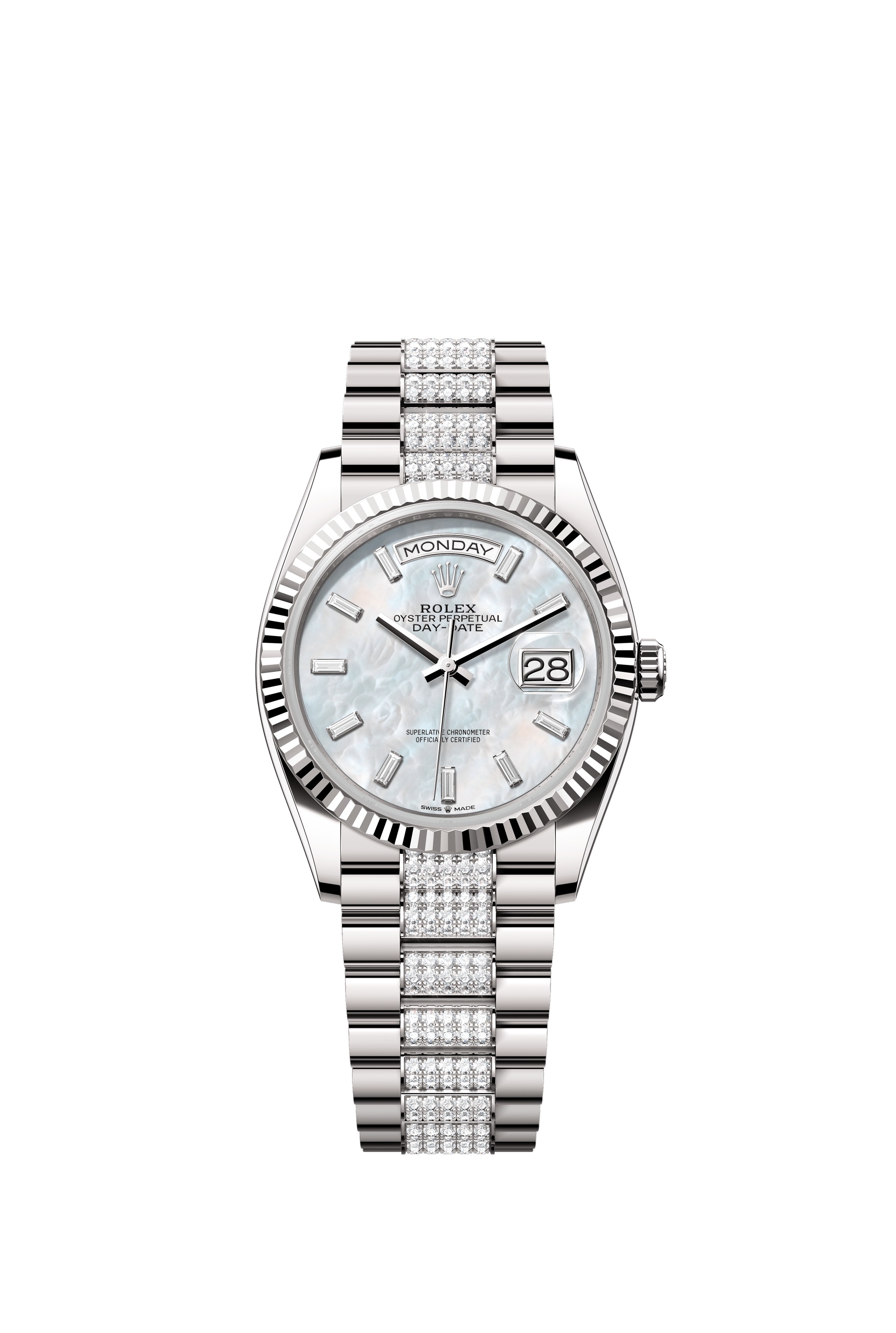 Rolex 128239-0066 : Day-Date 36 White Gold / Fluted / MOP-Diamond / President-Diamond