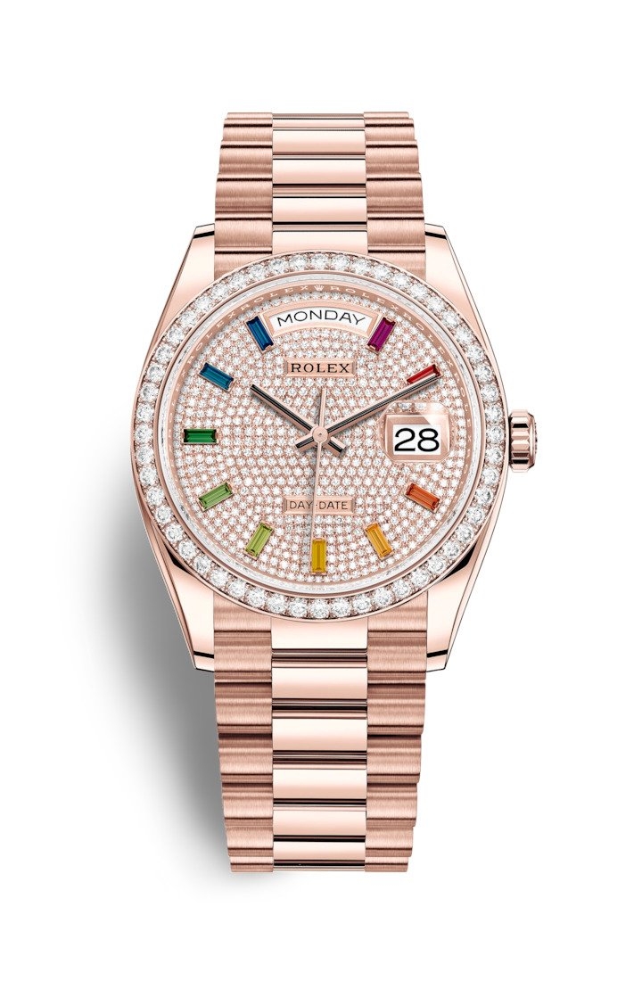 Rolex 128345RBR-0042 : Day-Date 36 Everose Gold / Diamond / Paved-Rainbow / President