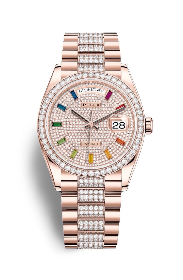 Rolex 128345RBR-0043 : Day-Date 36 Everose Gold / Diamond / Paved - Rainbow / President - Diamond