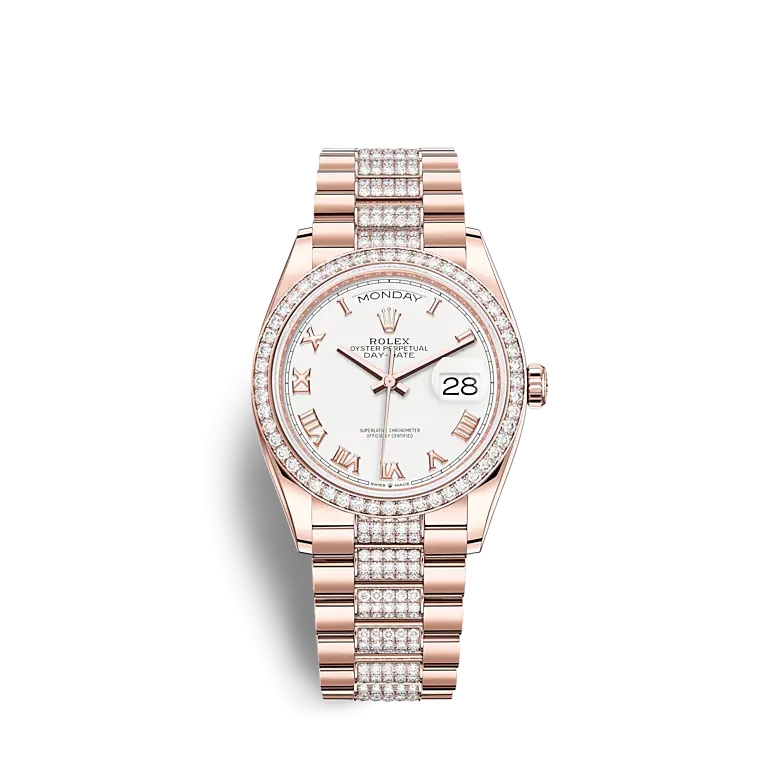 Rolex 128345RBR-0055 : Day-Date 36 Everose Gold / Diamond / White - Roman / President-Diamond