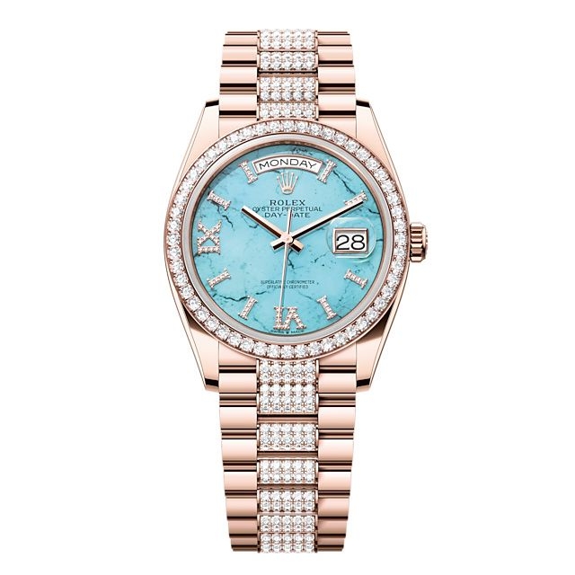 Rolex 128345RBR-0065 : Day-Date 36 Everose Gold - Diamond / Turquoise / President - Diamond