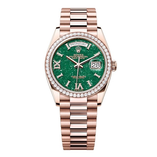Rolex 128345RBR-0068 : Day-Date 36 Everose Gold - Diamond / Green Aventurine / President