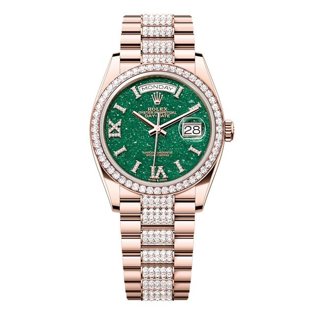 Rolex 128345RBR-0069 : Day-Date 36 Everose Gold - Diamond / Green Aventurine / President - Diamond