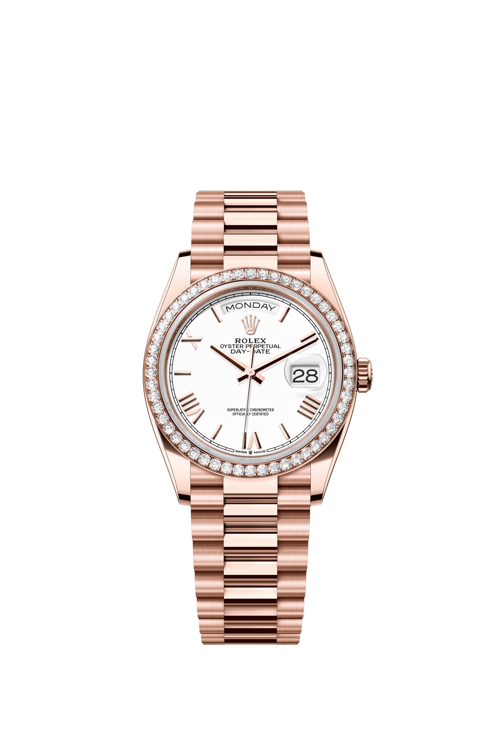 Rolex 128345RBR-0070 : Day-Date 36 Everose Gold / Diamond / White - Roman / President