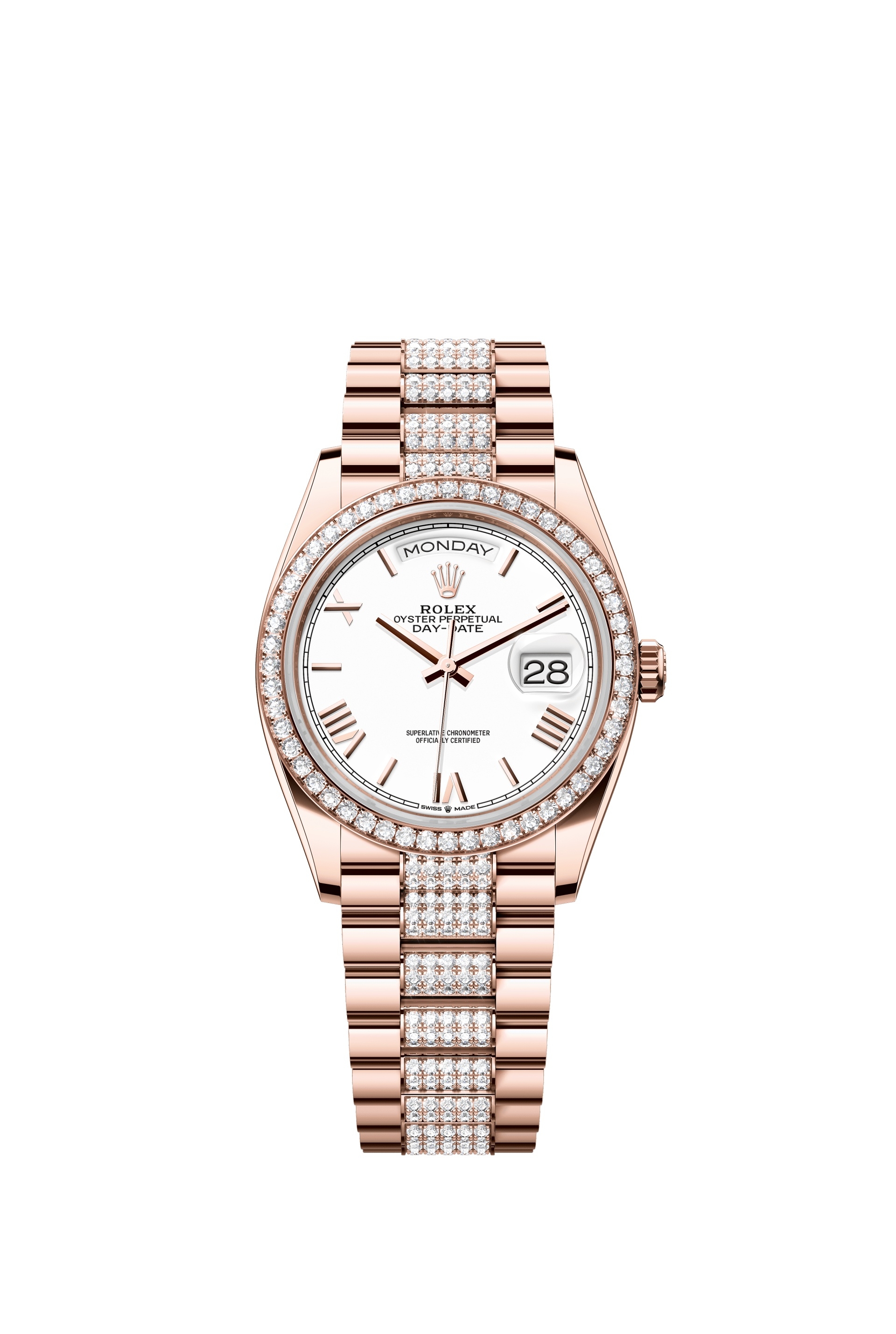 Rolex 128345RBR-0071 : Day-Date 36 Everose Gold / Diamond / White - Roman / President - Diamond