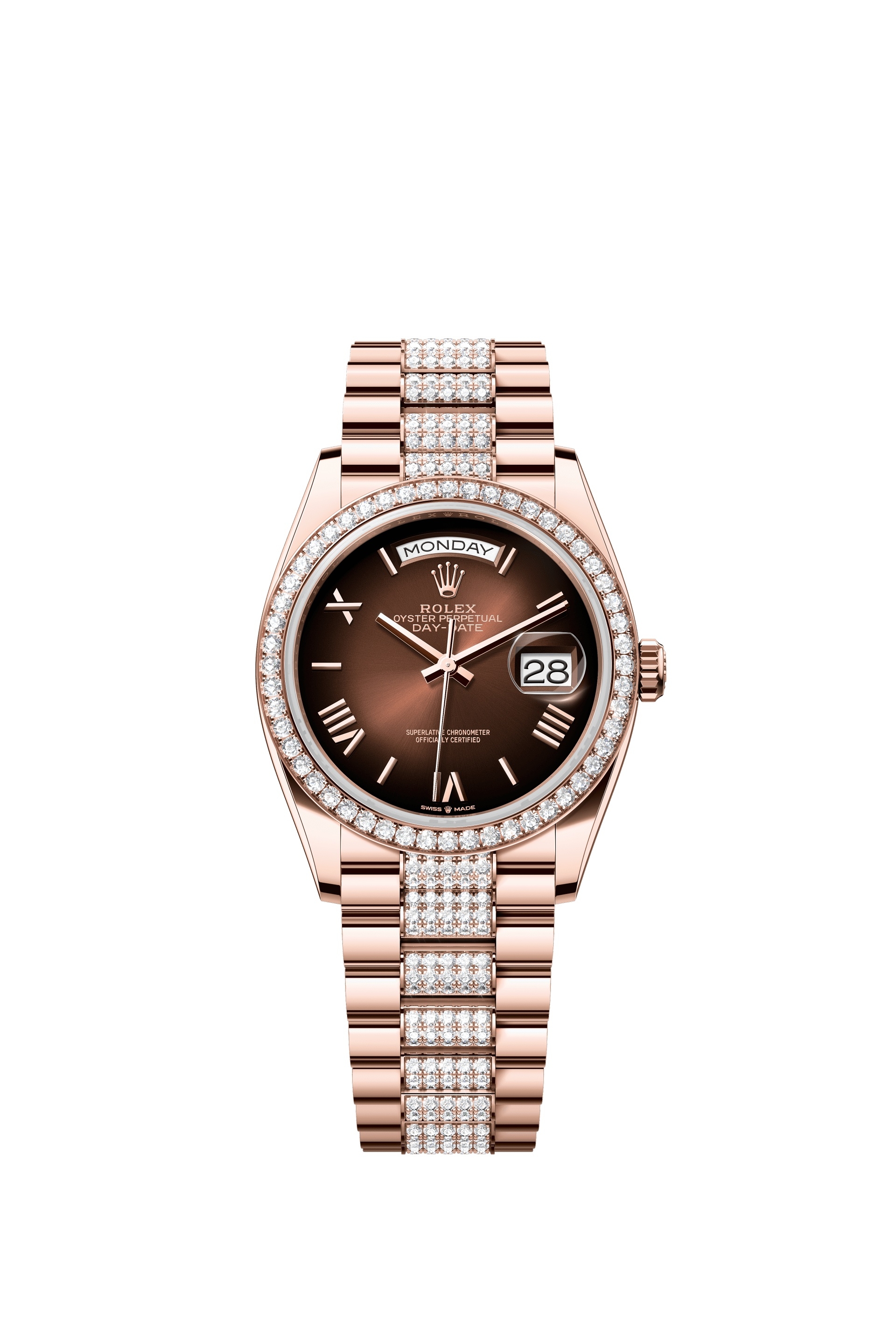 Rolex 128345RBR-0076 : Day-Date 36 Everose Gold / Diamond / Brown Ombré - Roman / President