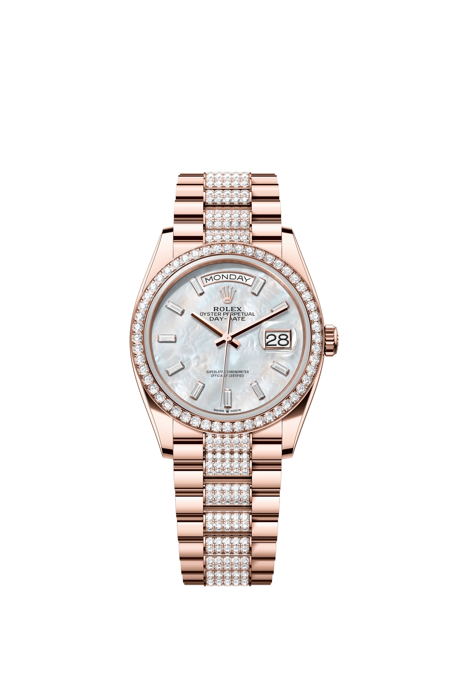 Rolex 128345RBR-0078 : Day-Date 36 Everose Gold / Diamond / MOP - Baguette / President - Diamond