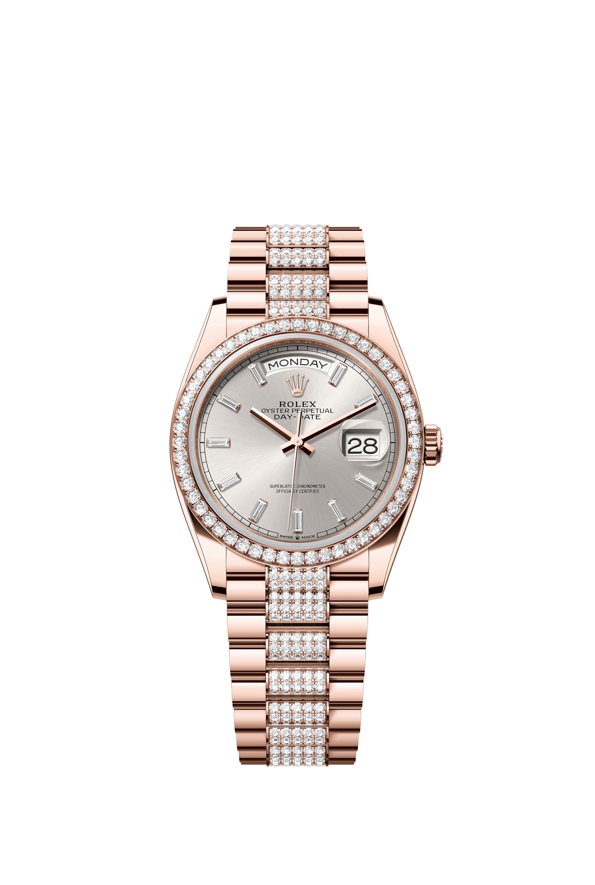 Rolex 128345RBR-0082 : Day-Date 36 Everose Gold - Diamond / Silver - Baguette / President - Diamond