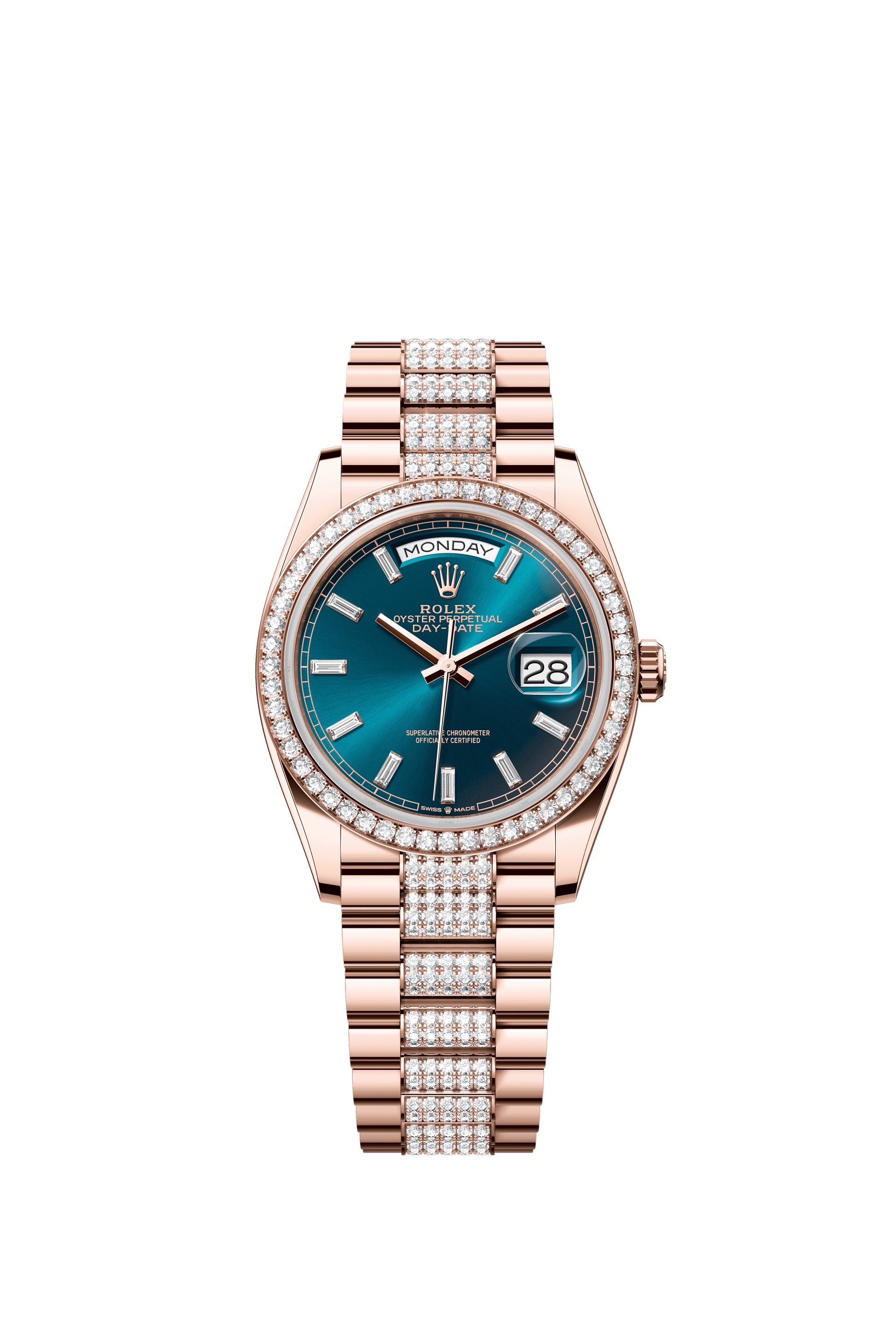 Rolex 128345RBR-0084 : Day-Date 36 Everose Gold - Diamond / Blue-Green - Baguette / President - Diamond