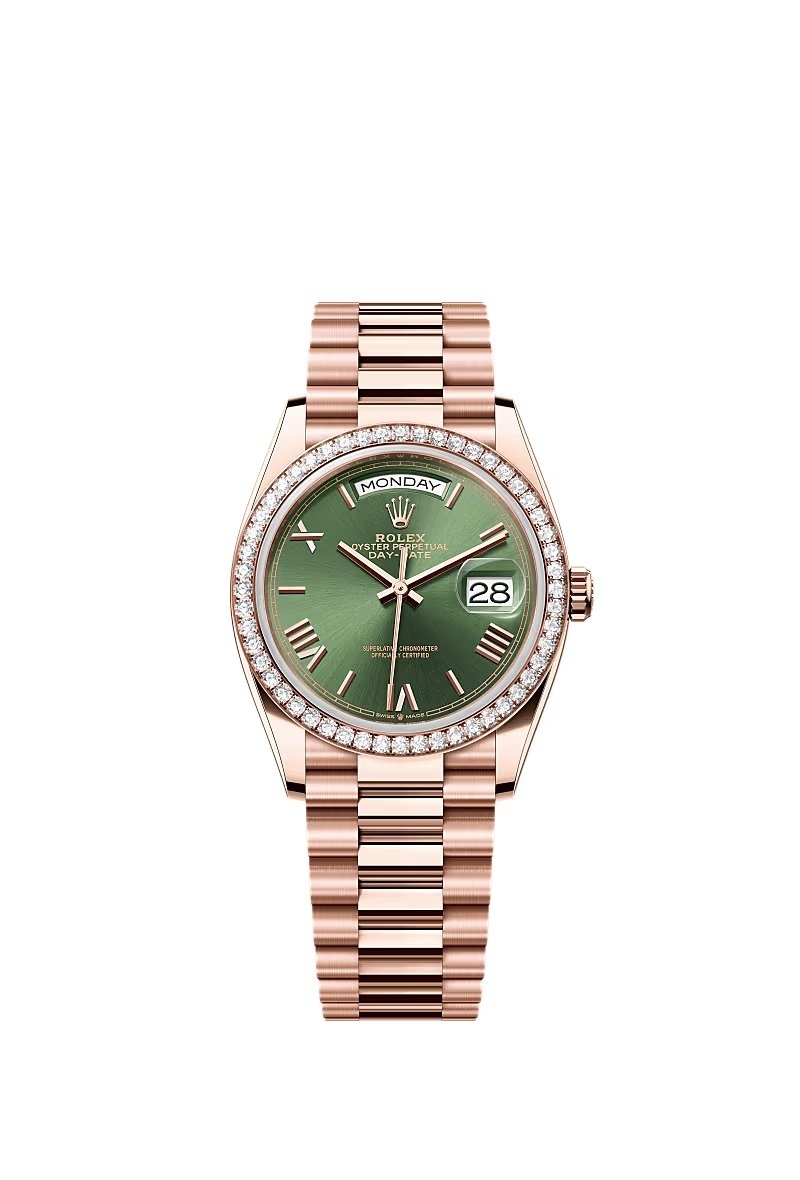 Rolex 128345RBR-0085 : Day-Date 36 Everose Gold - Diamond / Green - Roman / President