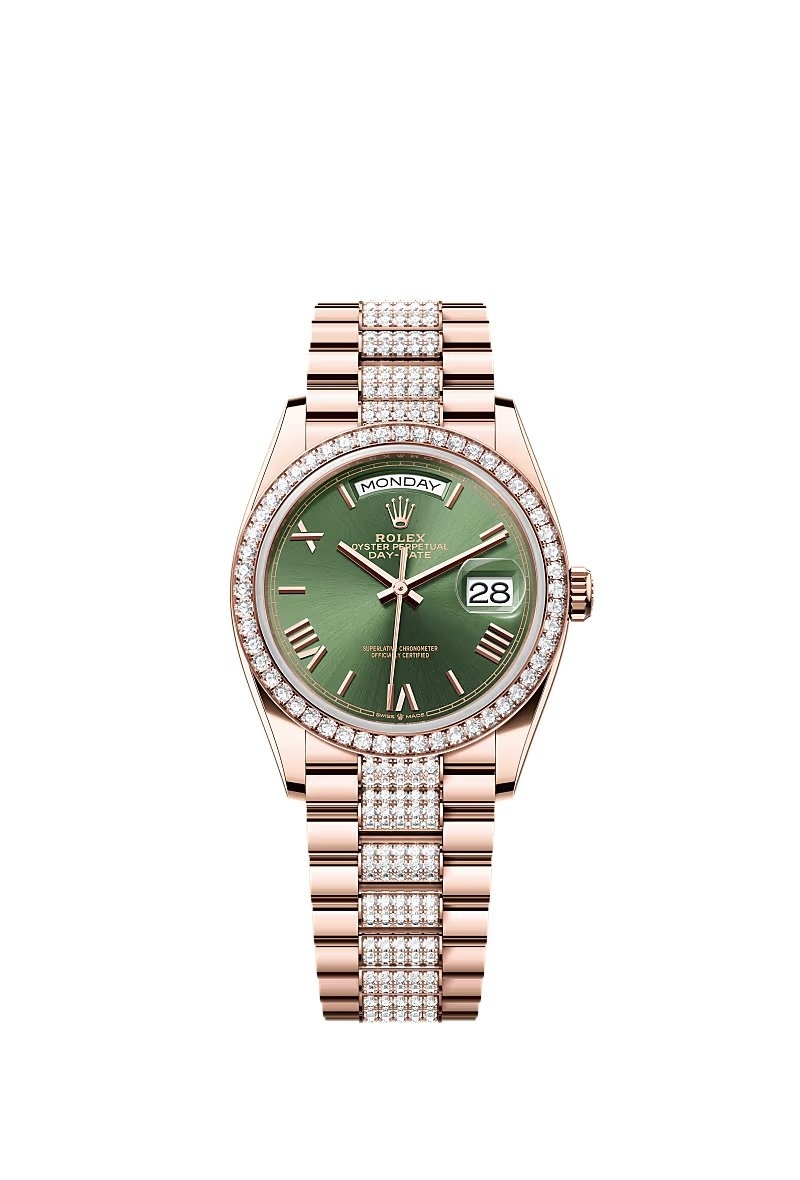 Rolex 128345RBR-0086 : Day-Date 36 Everose Gold - Diamond / Green - Roman / President - Diamond
