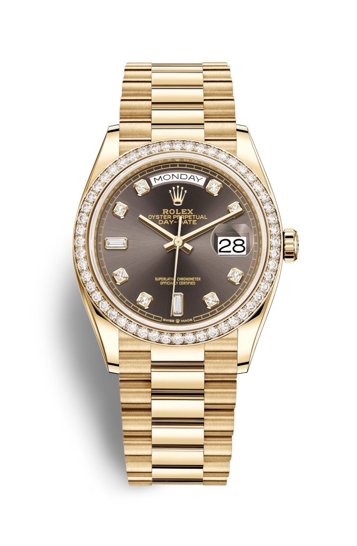 Rolex 128348RBR-0005 : Day-Date 36 Yellow Gold / Diamond / Dark Grey-Diamond / President