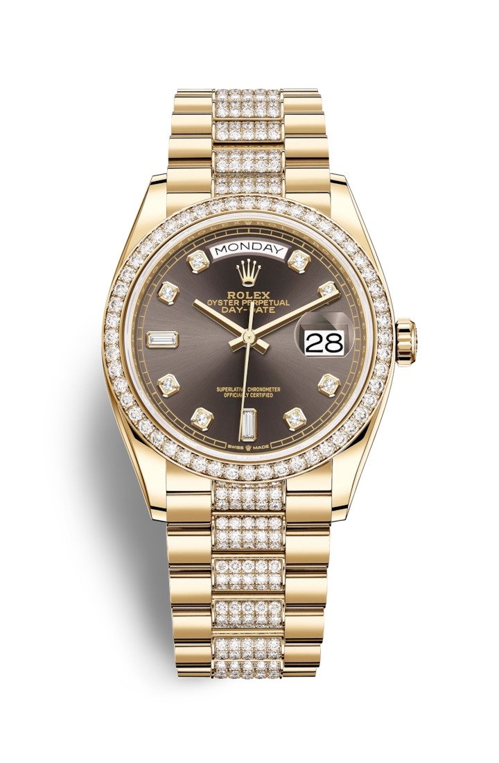Rolex 128348RBR-0007 : Day-Date 36 Yellow Gold / Diamond / Dark Grey - Diamond / President - Diamond