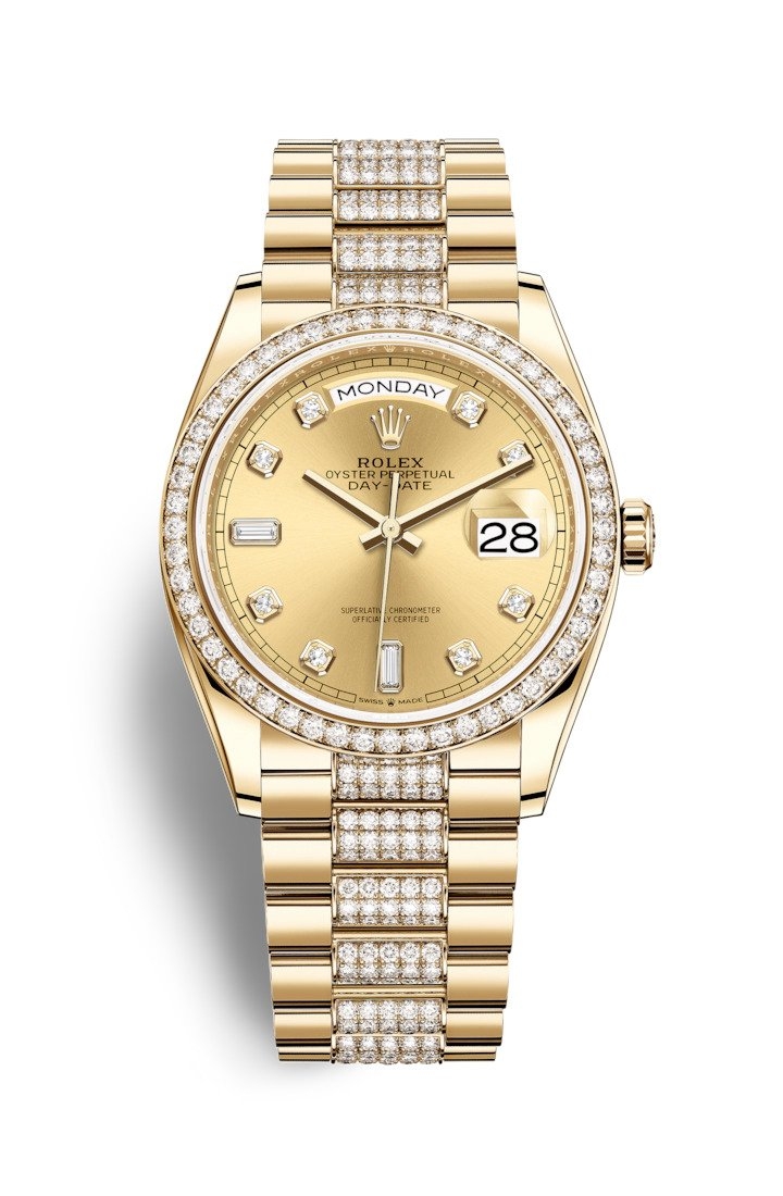 Rolex 128348RBR-0010 : Day-Date 36 Yellow Gold / Diamond / Champagne - Diamond / President - Diamond