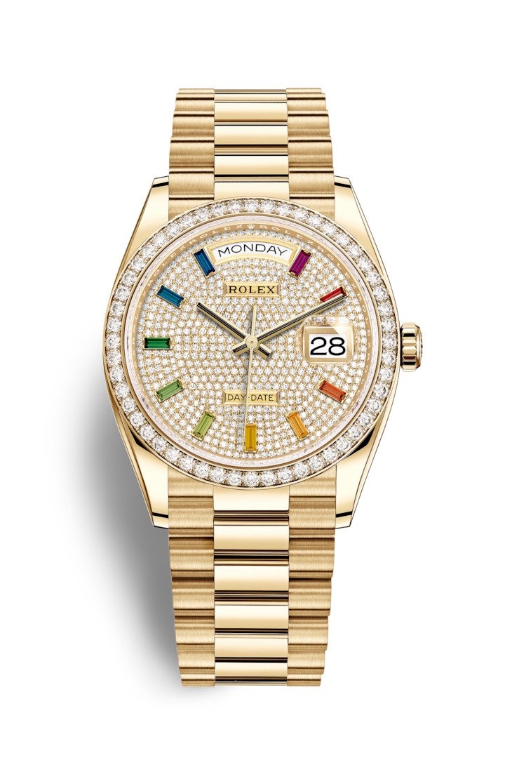 Rolex 128348RBR-0030 : Day-Date 36 Yellow Gold / Diamond / Paved-Rainbow / President