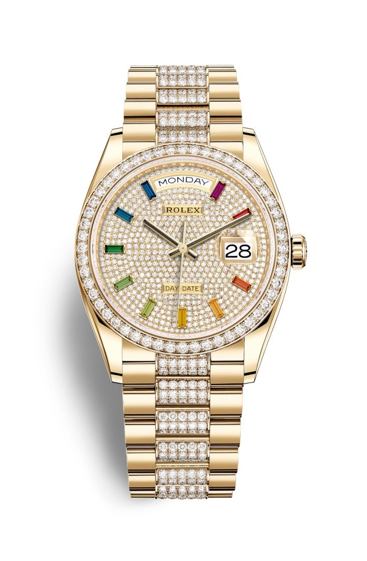 Rolex 128348RBR-0031 : Day-Date 36 Yellow Gold / Diamond / Paved - Rainbow / President - Diamond
