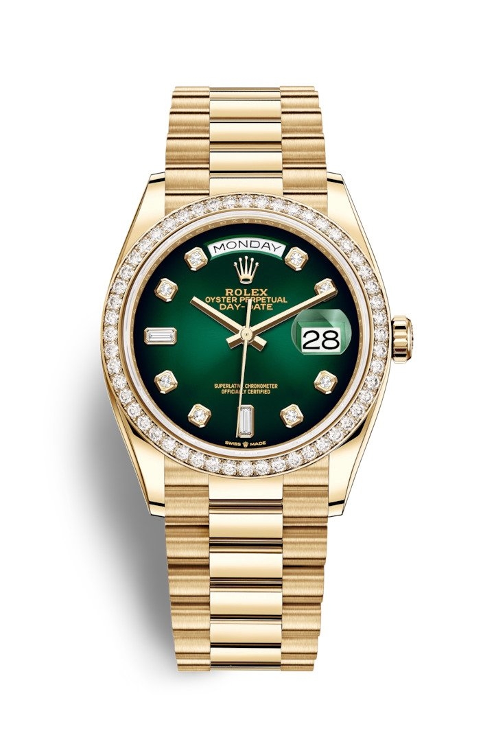 Rolex 128348RBR-0035 : Day-Date 36 Yellow Gold / Diamond / Green Ombré - Diamond / President