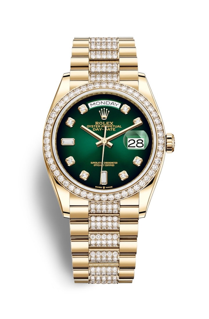 Rolex 128348RBR-0036 : Day-Date 36 Yellow Gold / Diamond / Green Ombré - Diamond / President - Diamond