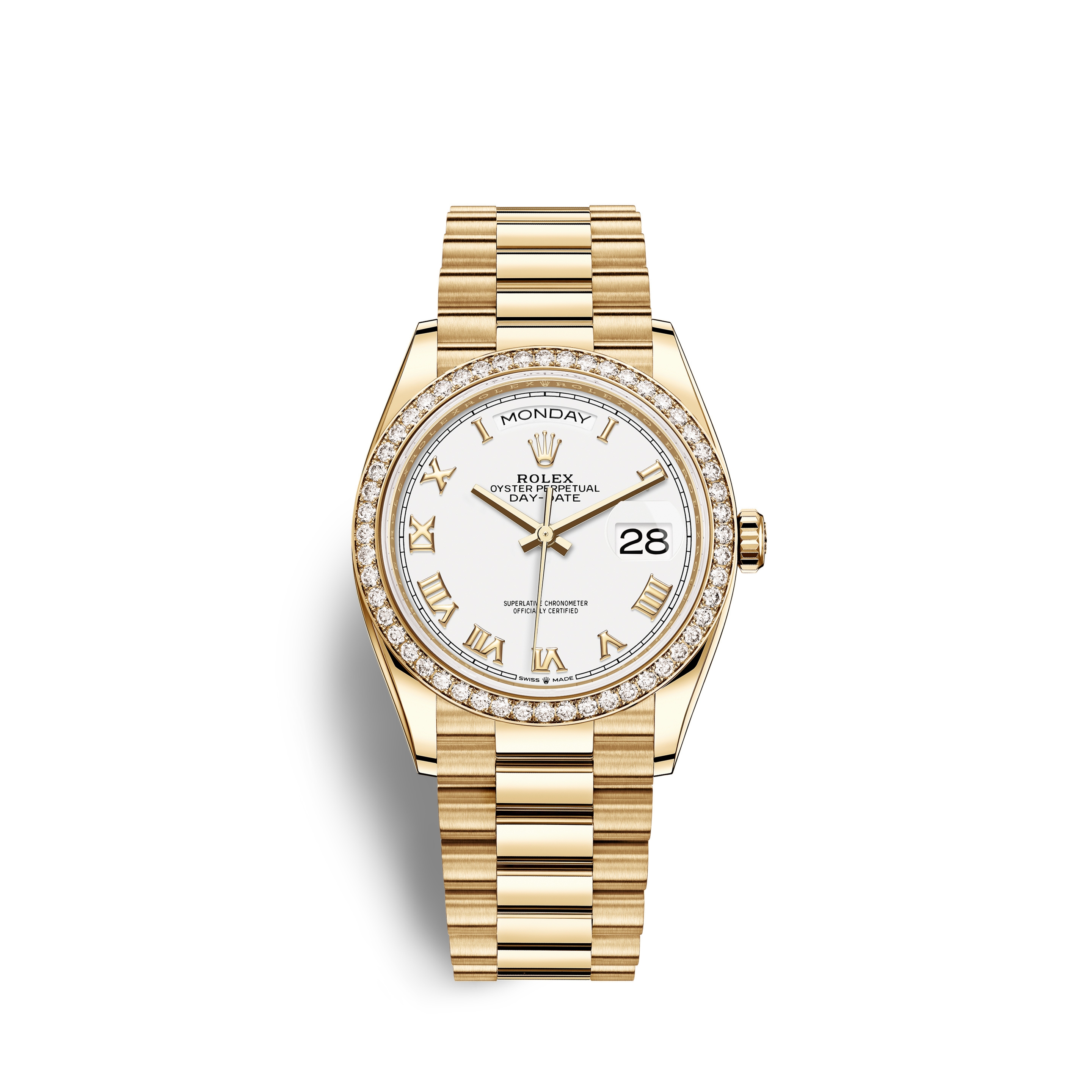 Rolex 128348RBR-0042 : Day-Date 36 Yellow Gold Diamond / White - Roman / President