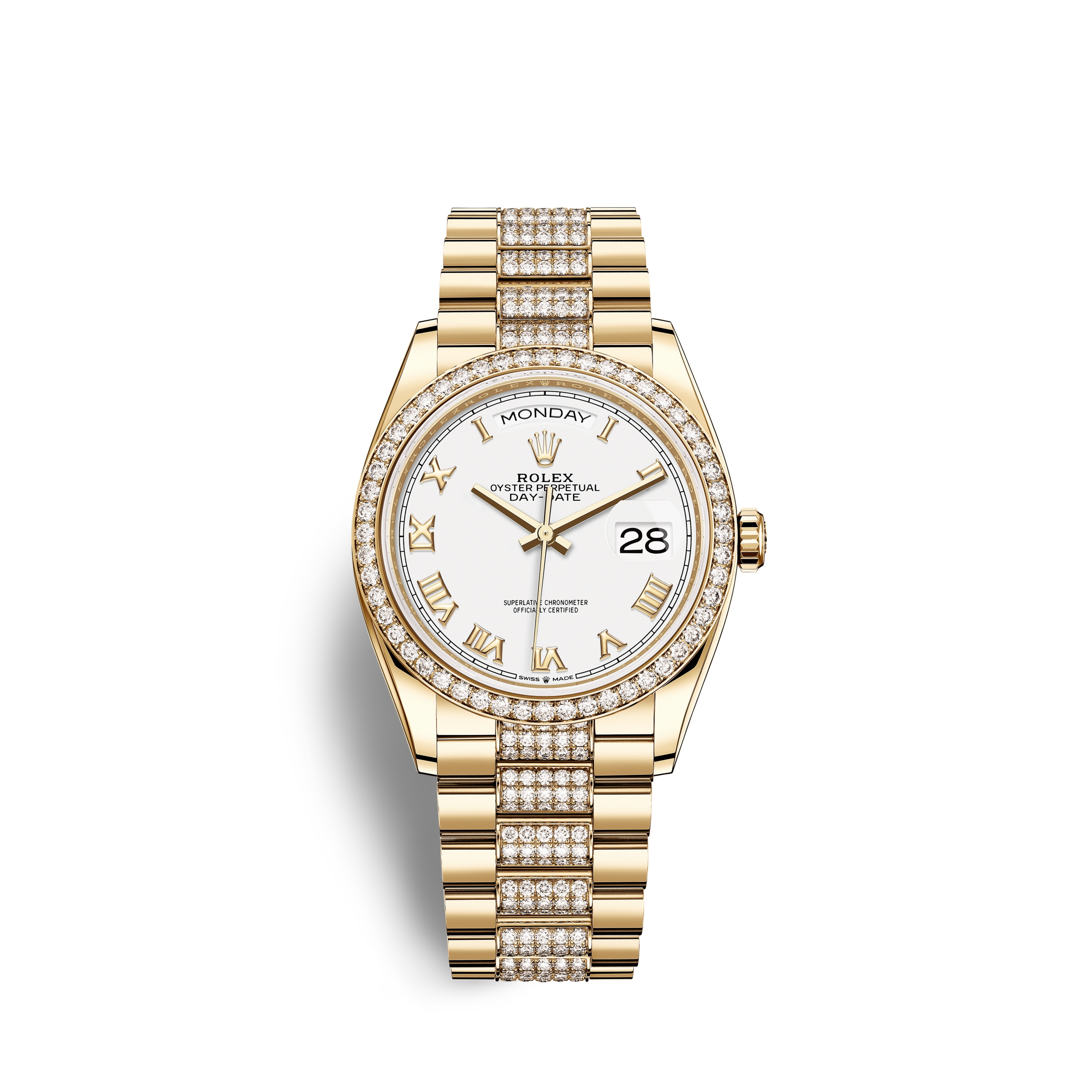 Rolex 128348RBR-0043 : Day-Date 36 Yellow Gold Diamond / White - Roman / President - Diamond