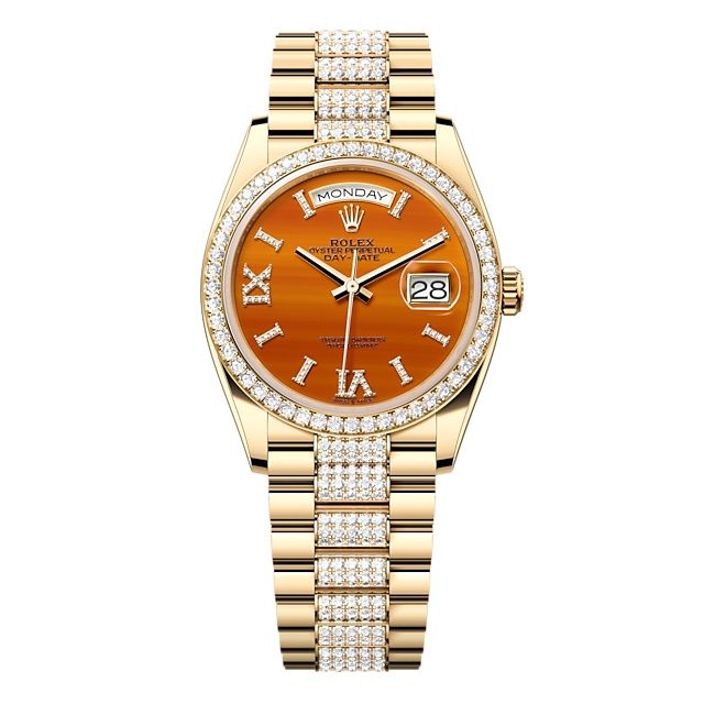 Rolex 128348RBR-0050 : Day-Date 36 Yellow Gold - Diamond / Carnelian / President - Diamond