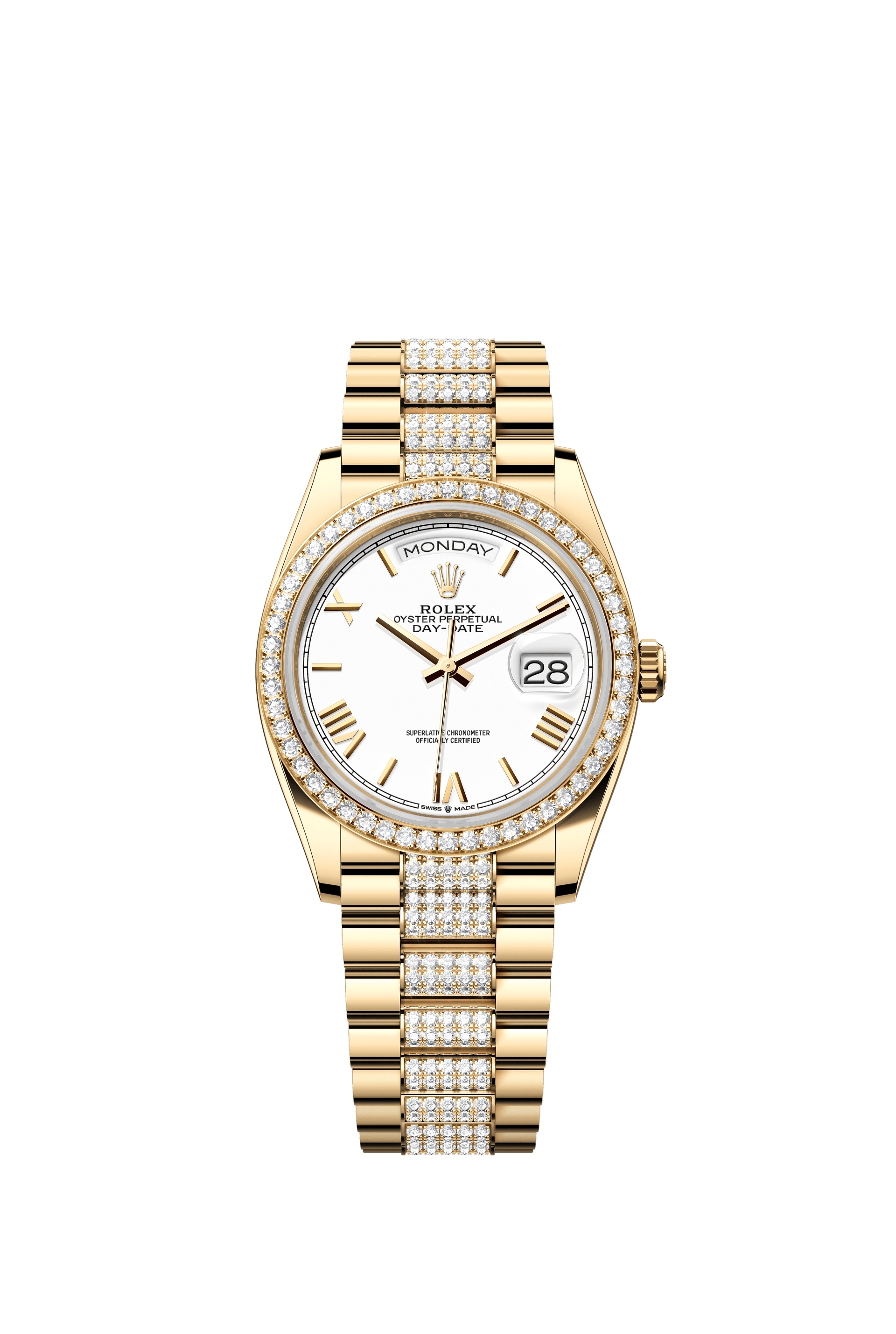 Rolex 128348RBR-0065 : Day-Date 36 Yellow Gold - Diamond / White - Roman / President - Diamond