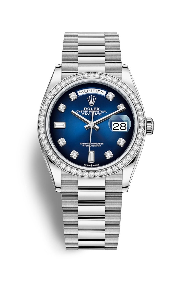 Rolex 128349RBR-0010 : Day-Date 36 White Gold / Diamond / Blue Ombré-Diamond / President