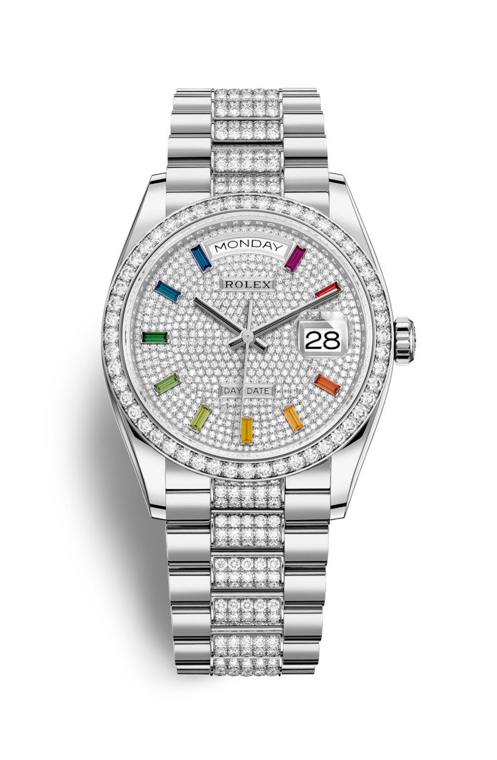 Rolex 128349RBR-0012 : Day-Date 36 White Gold / Diamond / Paved - Rainbow / President - Diamond