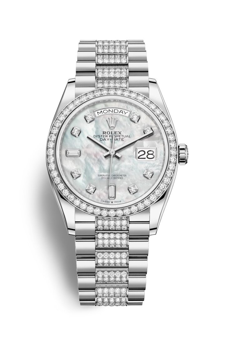 Rolex 128349RBR-0014 : Day-Date 36 White Gold / Diamond / MOP - Diamond / President - Diamond