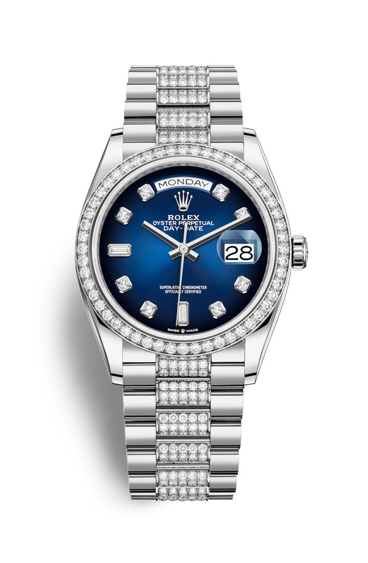 Rolex 128349RBR-0016 : Day-Date 36 White Gold / Diamond / Blue Ombré - Diamond / President - Diamond