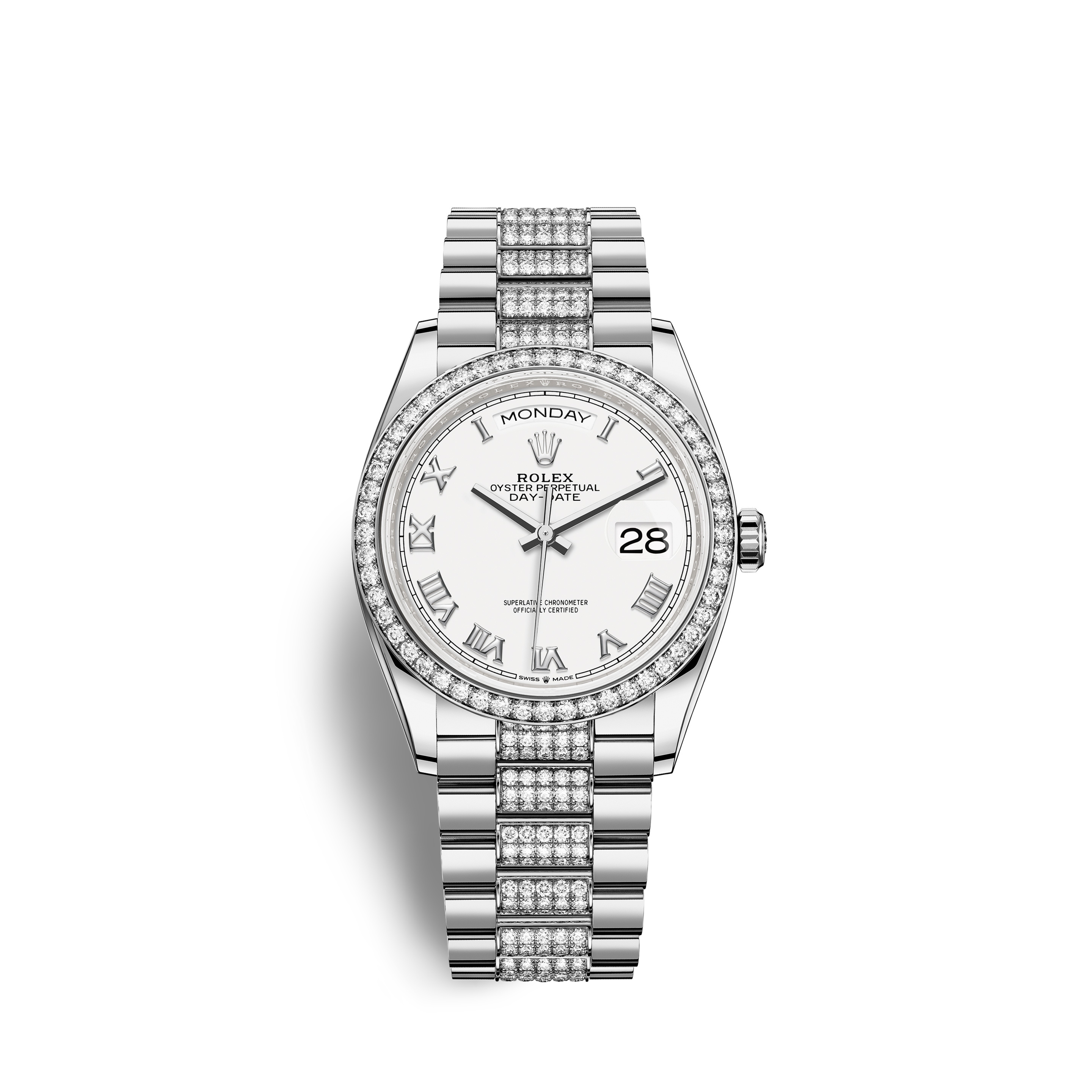 Rolex 128349rbr-0026 : Day-Date 36 White Gold Diamond / White - Roman / President - Diamond