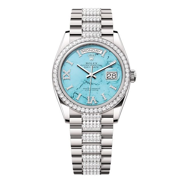Rolex 128349RBR-0032 : Day-Date 36 White Gold - Diamond / Turquoise / President - Diamond