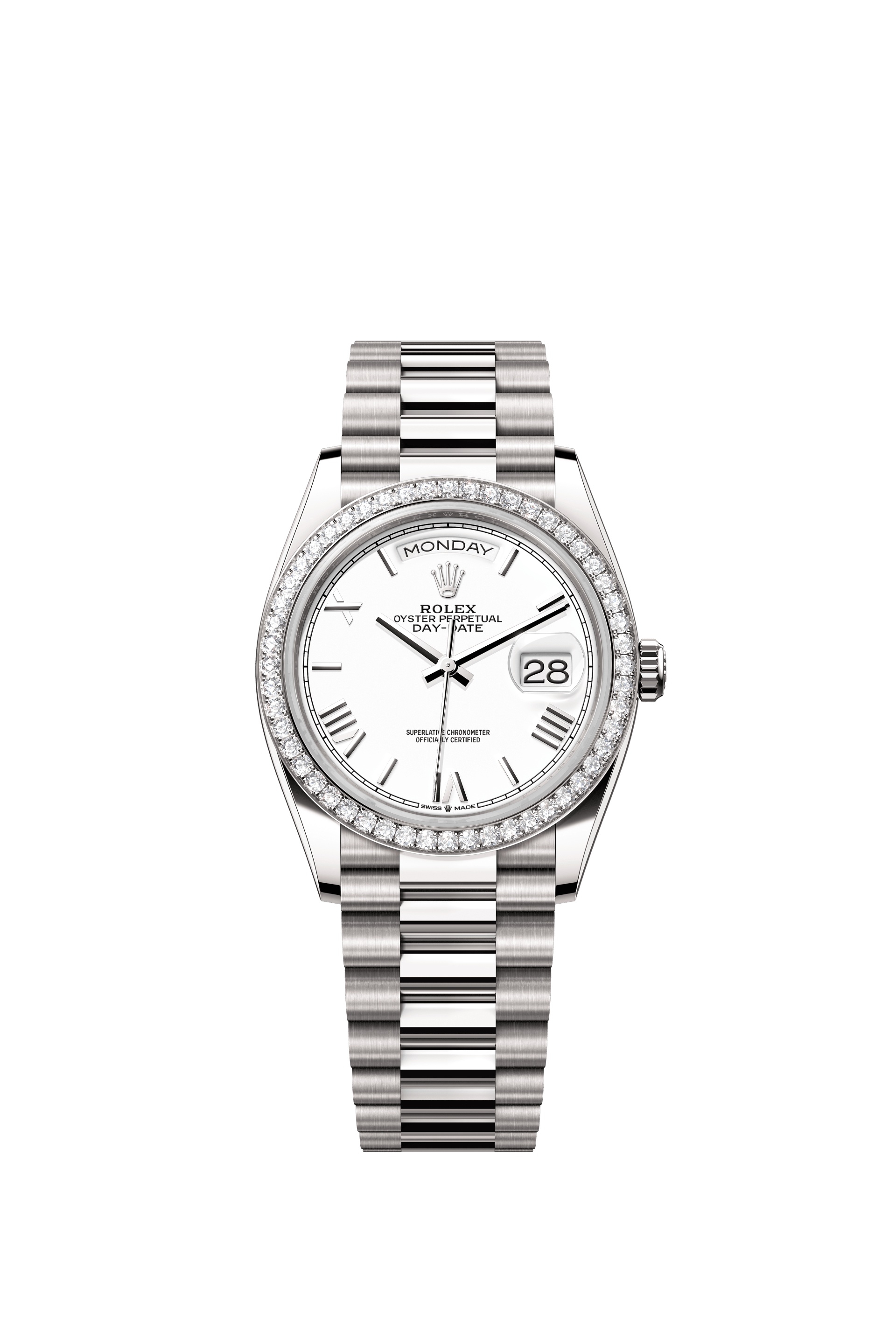 Rolex 128349RBR-0043 : Day-Date 36 White Gold - Diamond / White - Roman / President