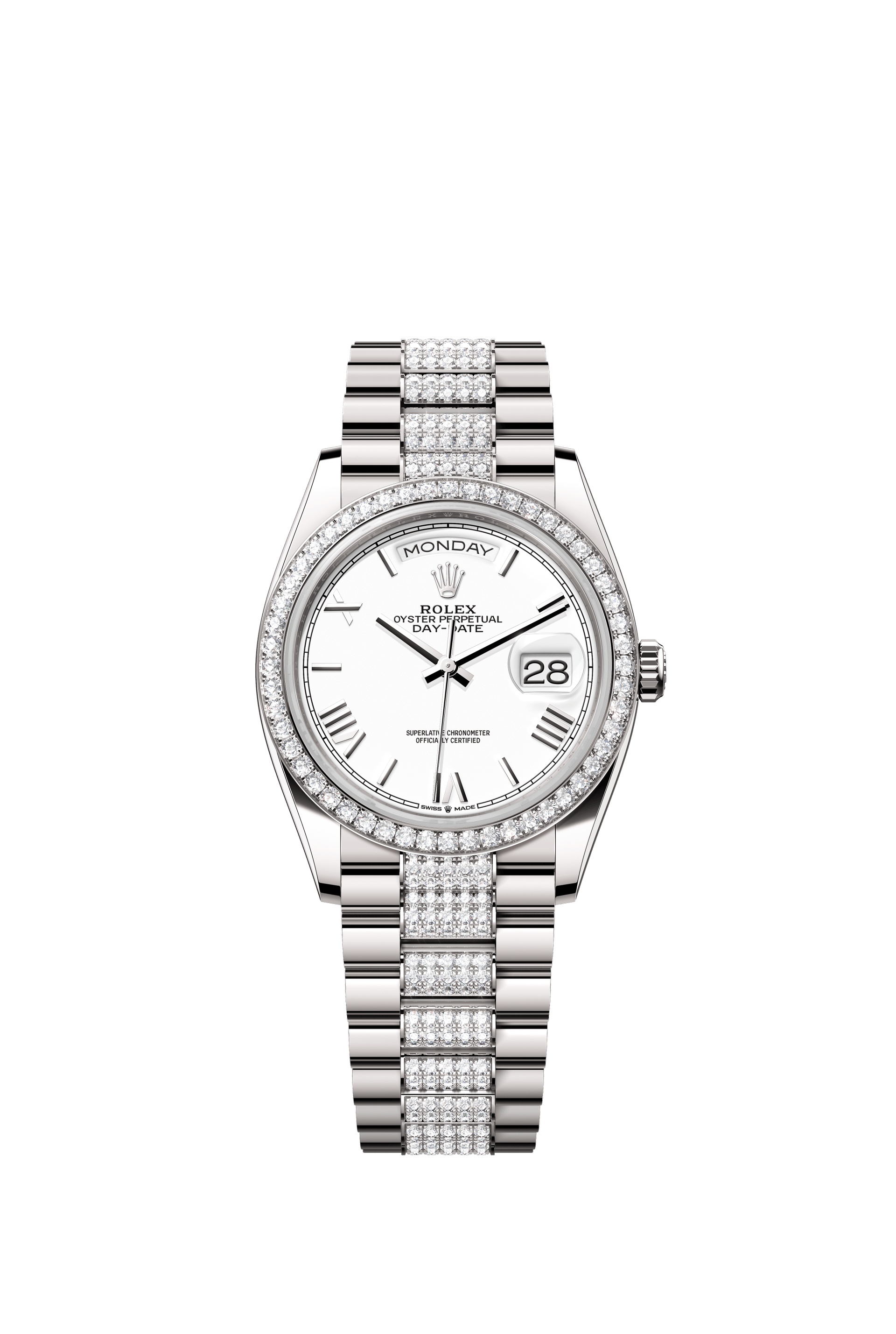 Rolex 128349RBR-0044 : Day-Date 36 White Gold - Diamond / White - Roman / President - Diamond