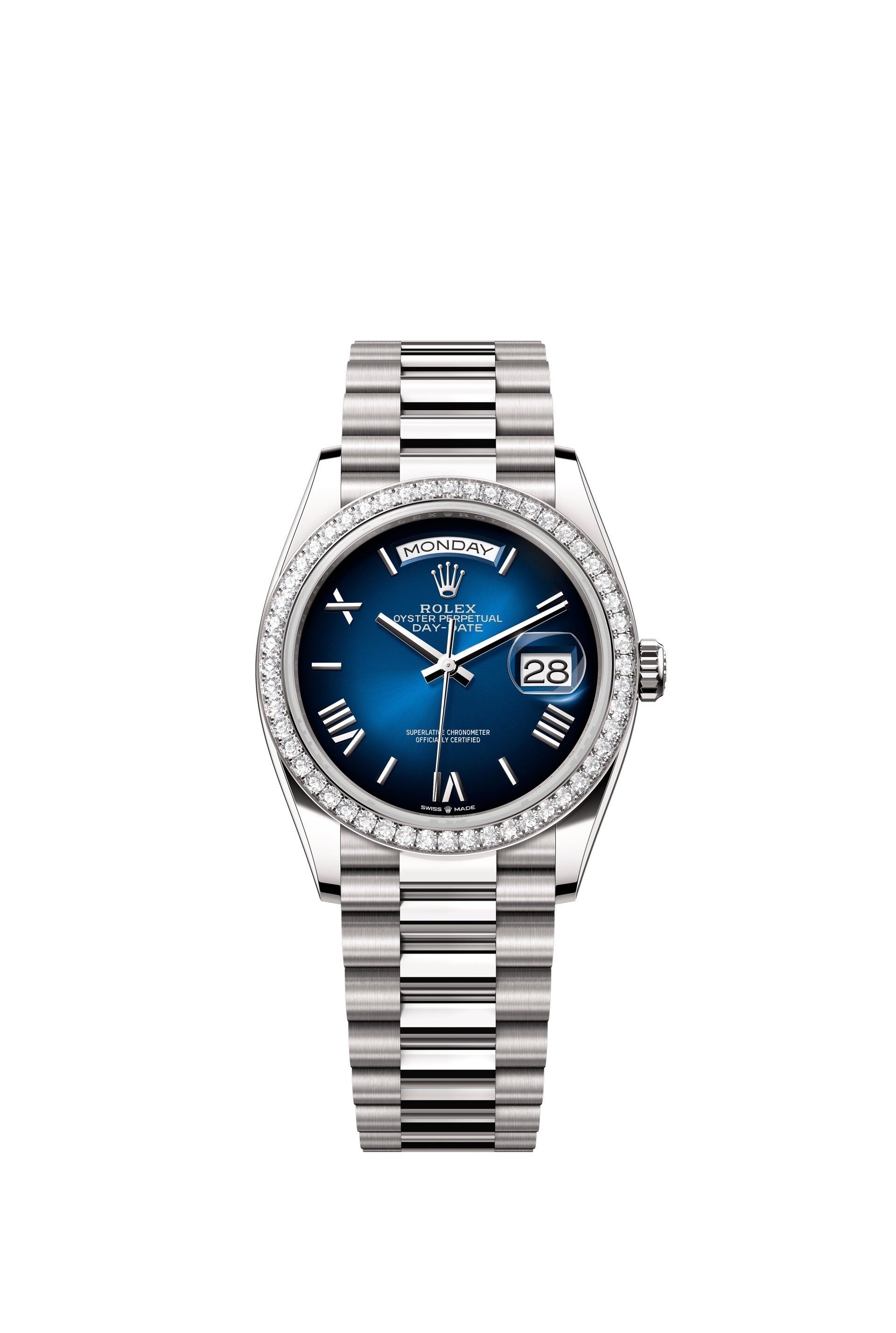 Rolex 128349RBR-0047 : Day-Date 36 White Gold - Diamond / Blue Ombré - Roman / President