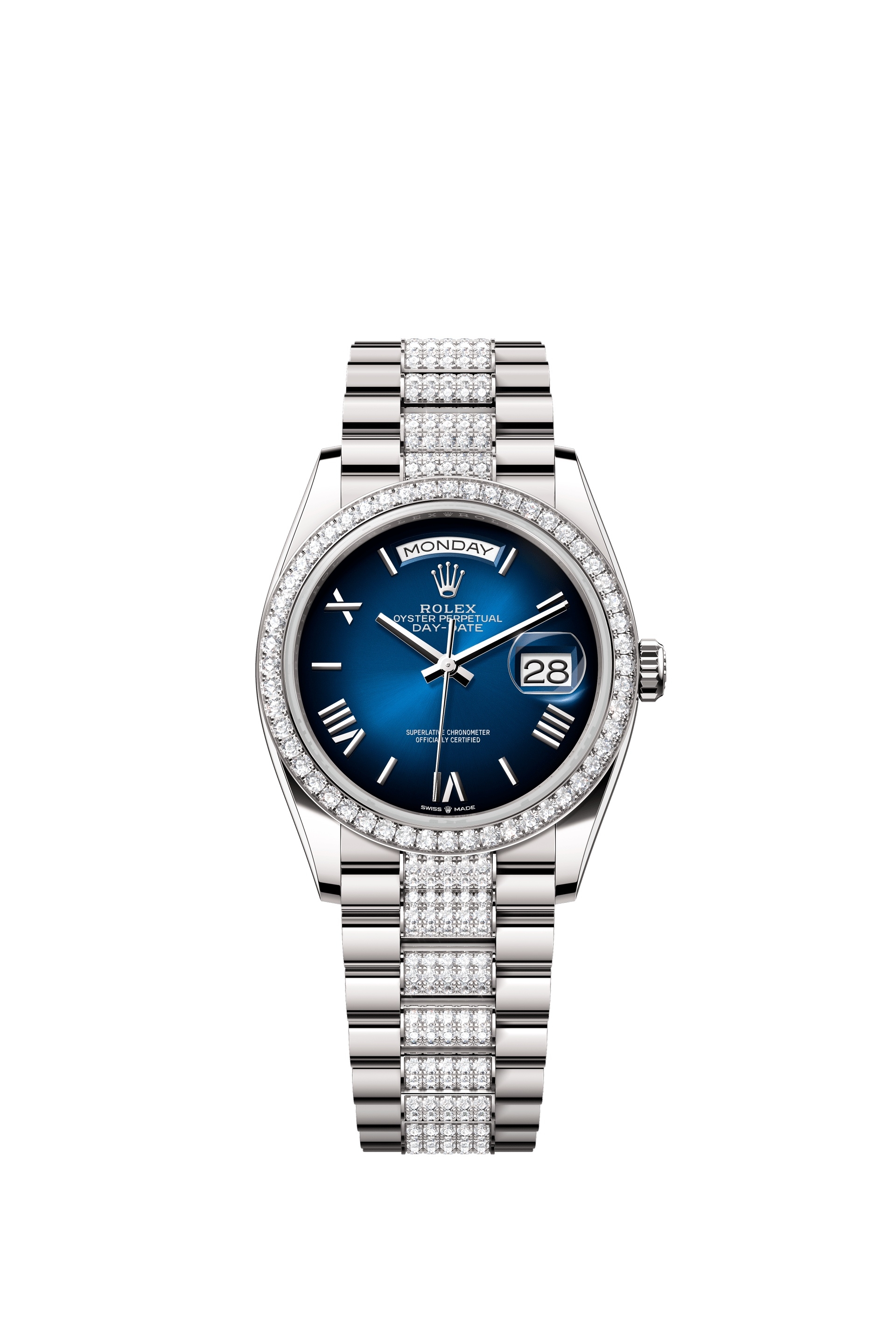 Rolex 128349RBR-0048 : Day-Date 36 White Gold - Baguette / Blue Ombré - Diamond / President - Diamond