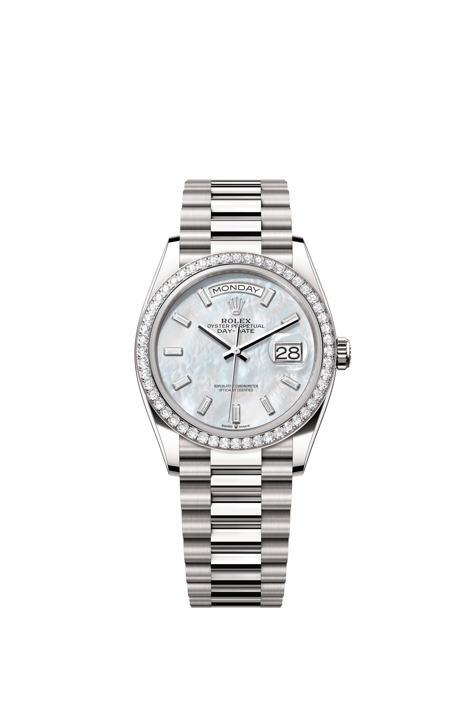 Rolex 128349RBR-0049 : Day-Date 36 White Gold - Diamond / MOP - Baguette / President