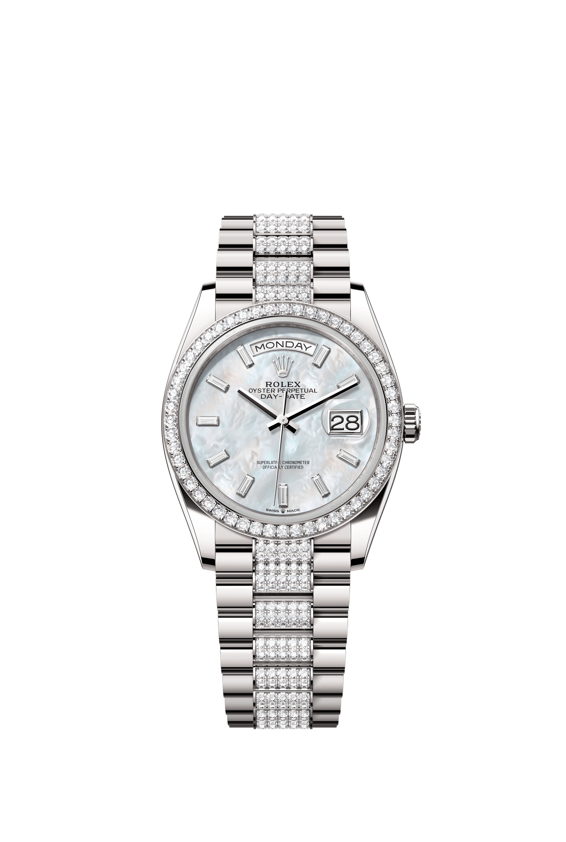 Rolex 128349RBR-0050 : Day-Date 36 White Gold - Diamond / MOP - Baguette / President - Diamond