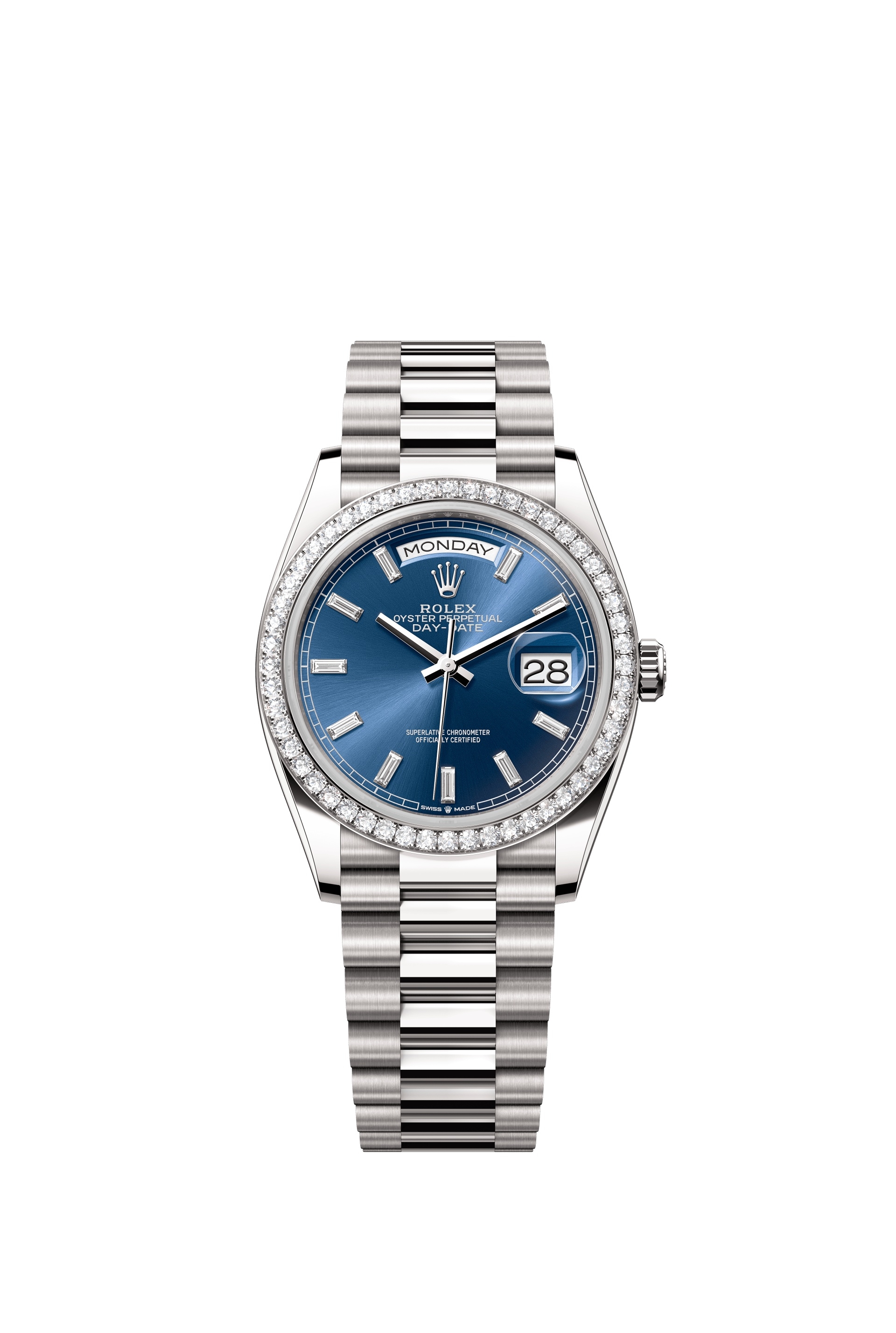 Rolex 128349RBR-0051 : Day-Date 36 White Gold - Diamond / Bright Blue - Baguette / President