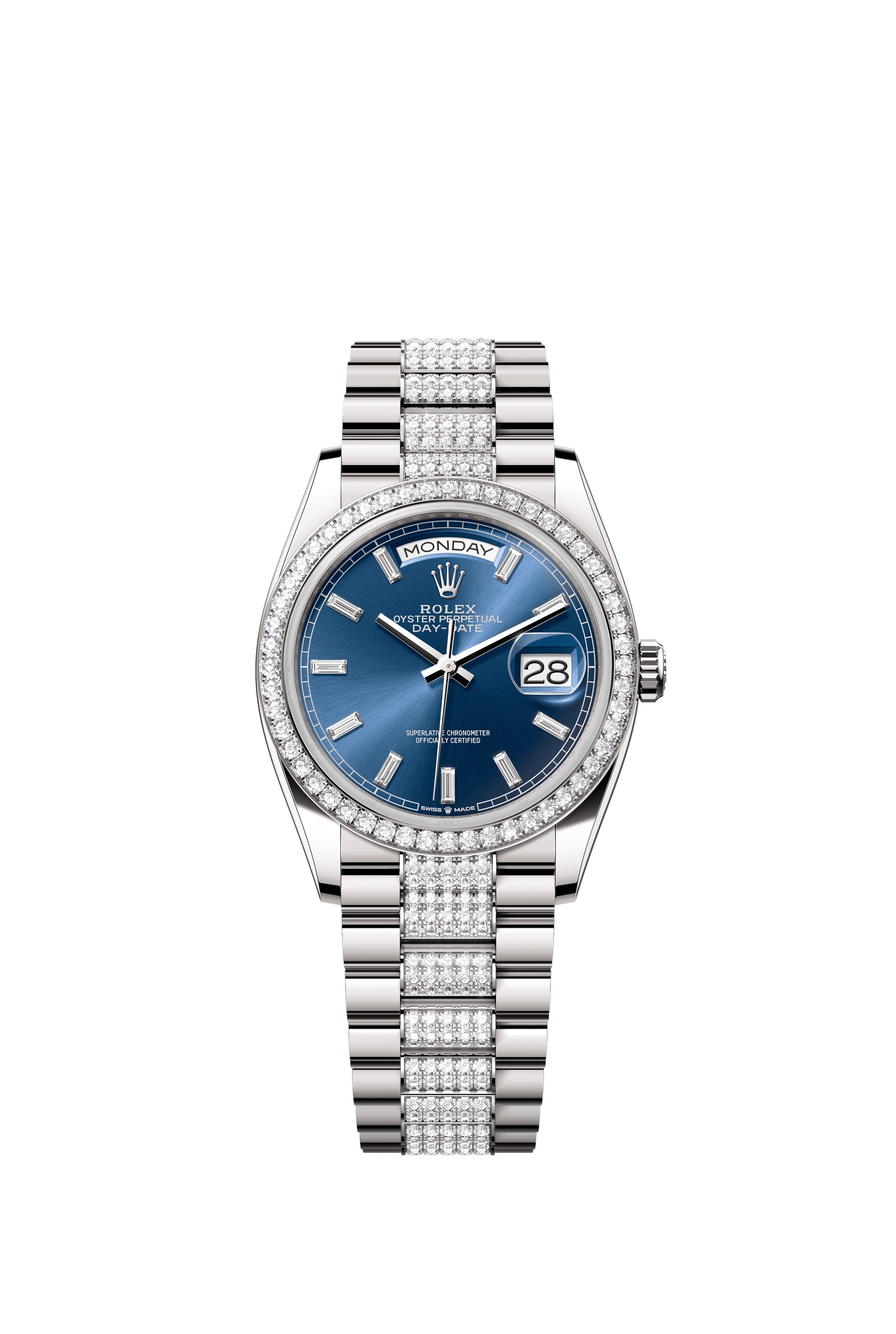 Rolex 128349RBR-0052 : Day-Date 36 White Gold - Diamond / Bright Blue - Baguette / President - Diamond