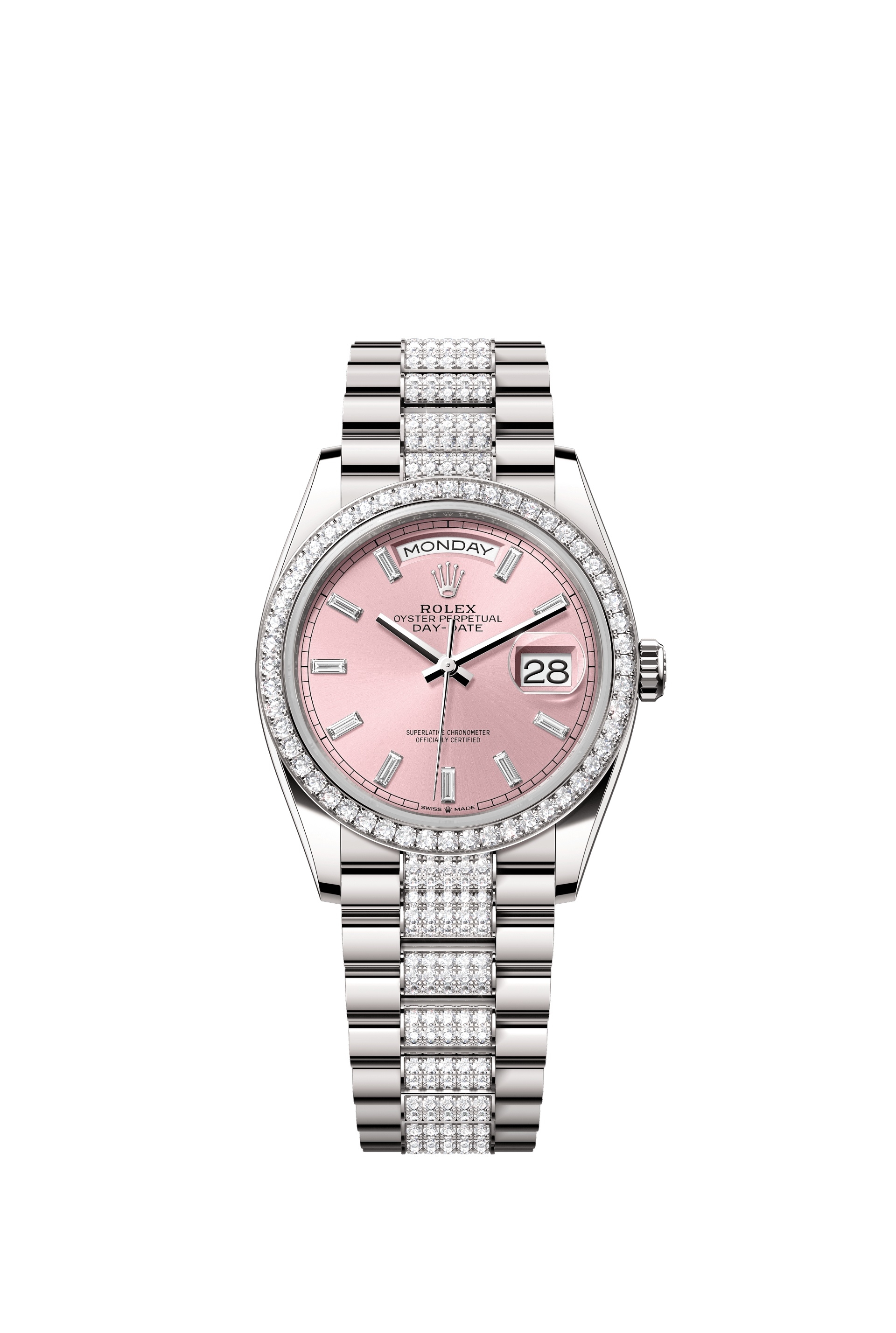 Rolex 128349RBR-0054 : Day-Date 36 White Gold - Diamond / Pink - Baguette / President - Diamond
