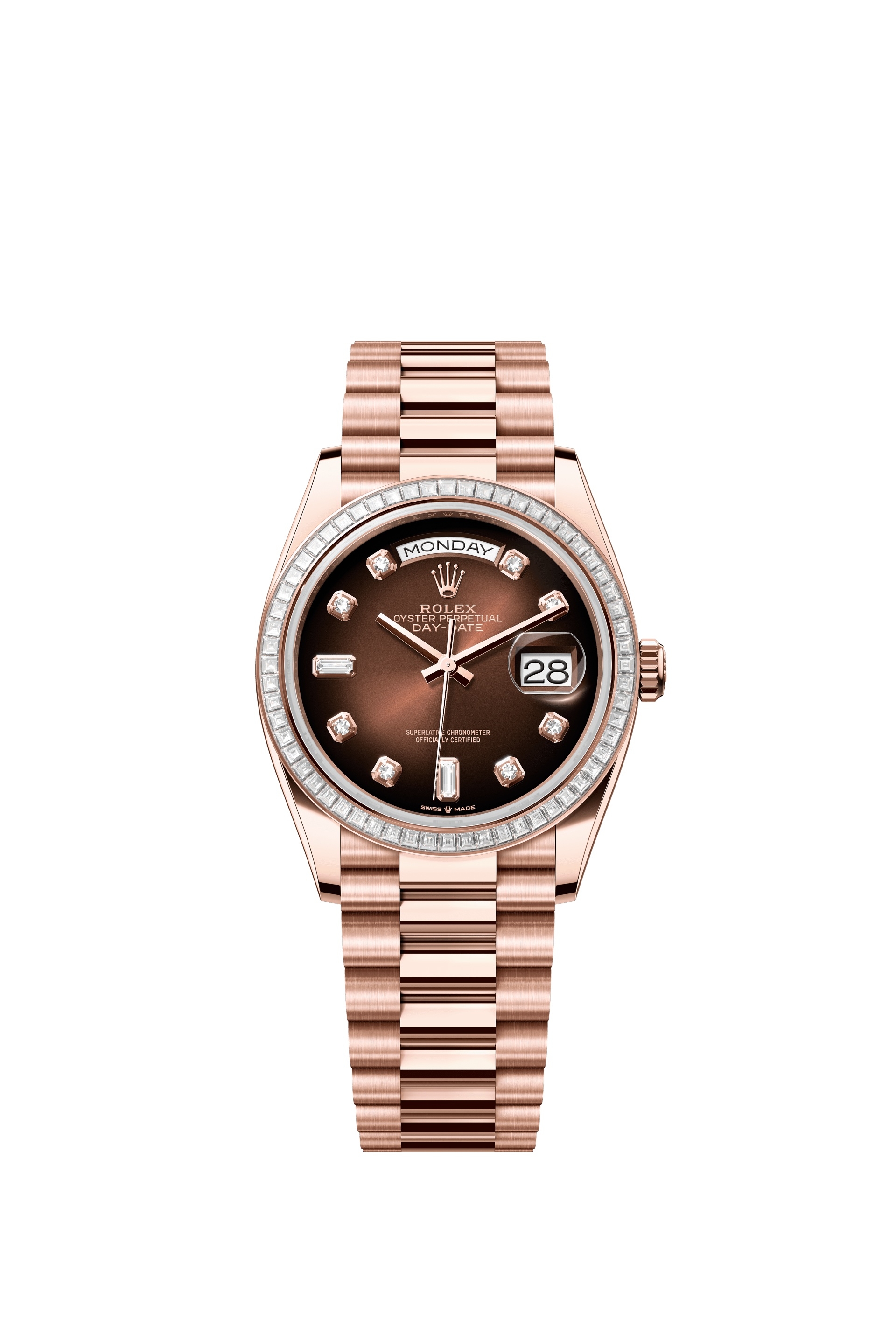 Rolex 128395TBR-0004 : Day-Date 36 Everose Gold - Baguette / Brown Ombré - Diamond / President