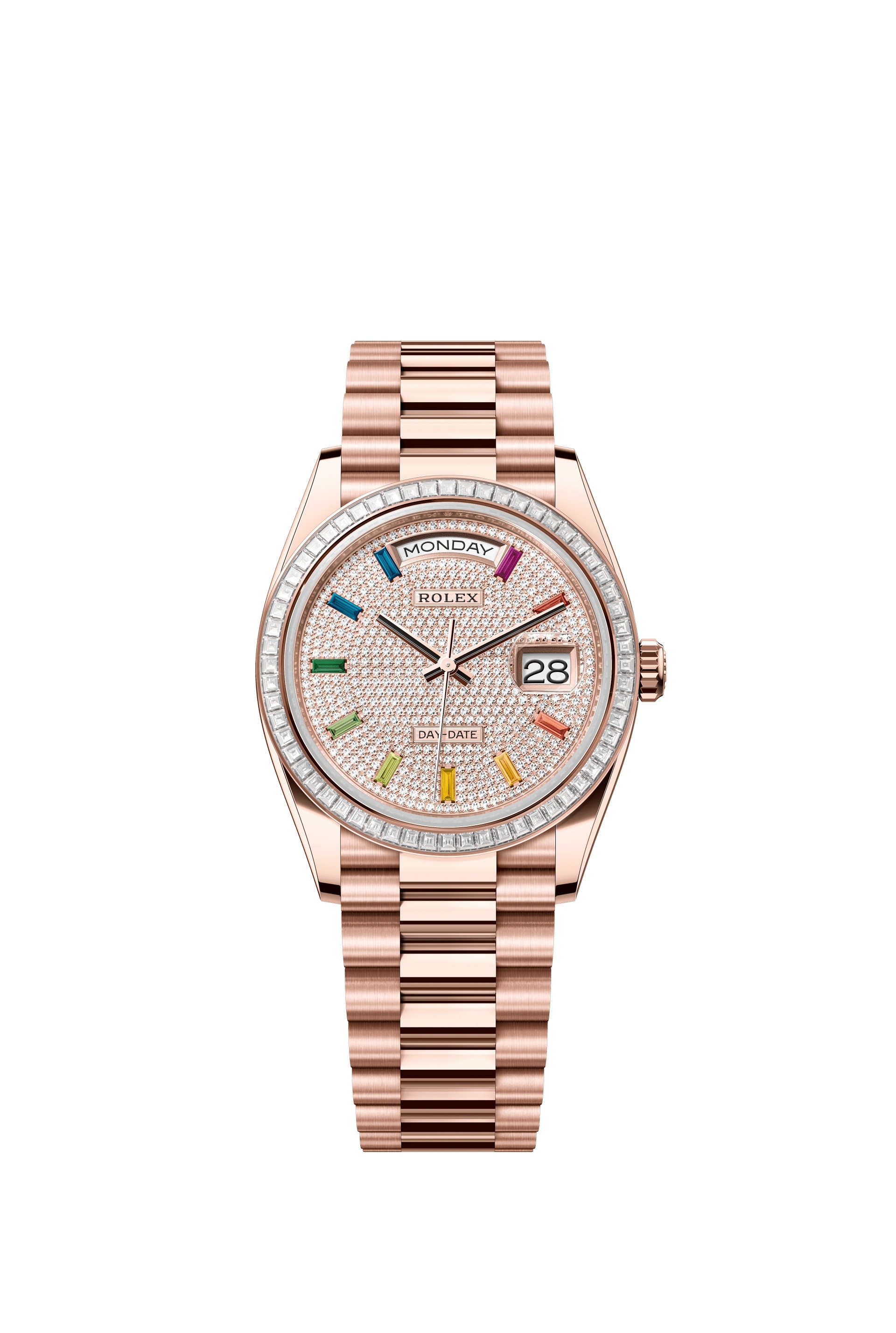 Rolex 128395TBR-0008 : Day-Date 36 Everose Gold - Baguette / Paved - Rainbow / President