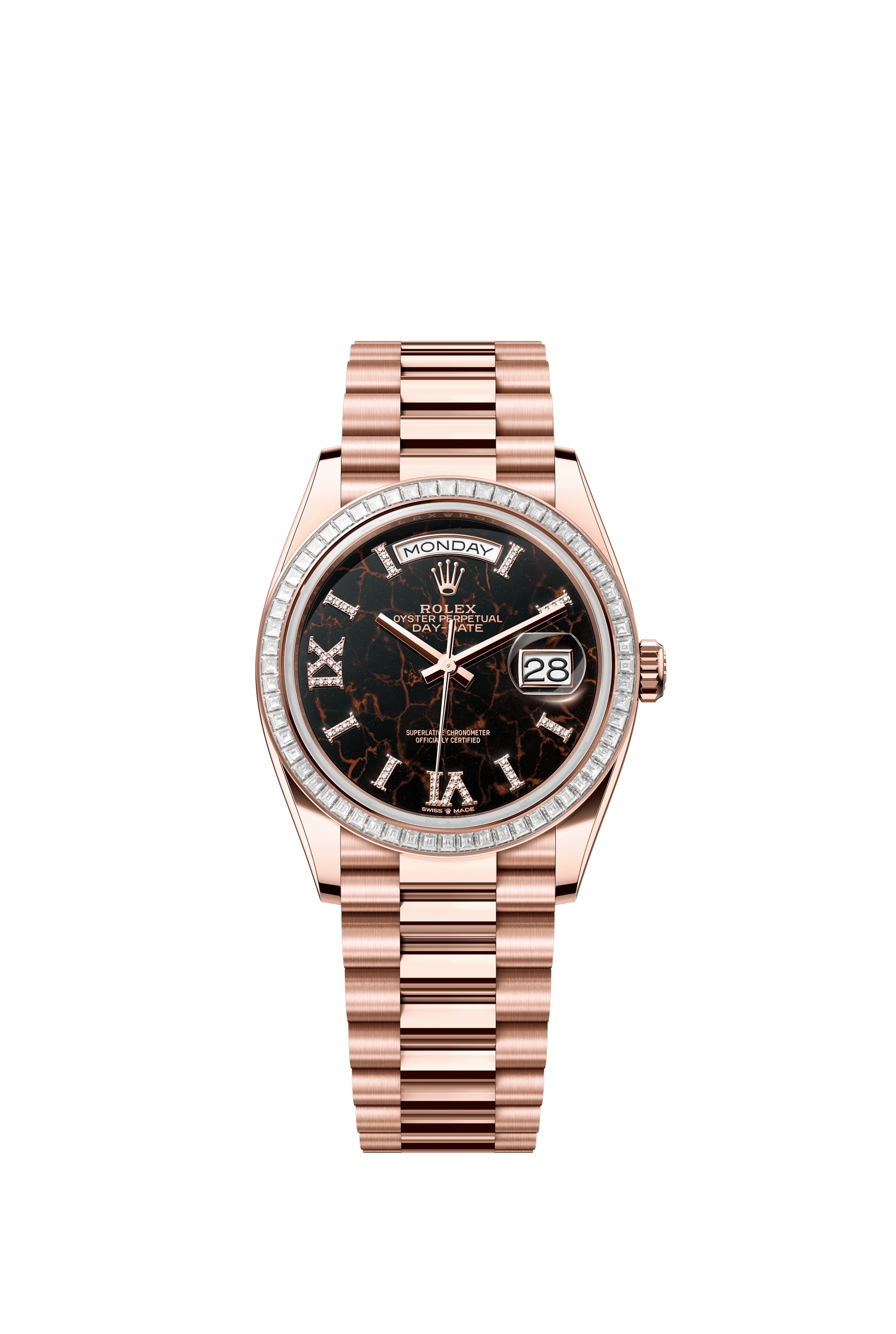 Rolex 128395TBR-0010 : Day-Date 36 Everose Gold - Baguette / Eisenkiesel / President
