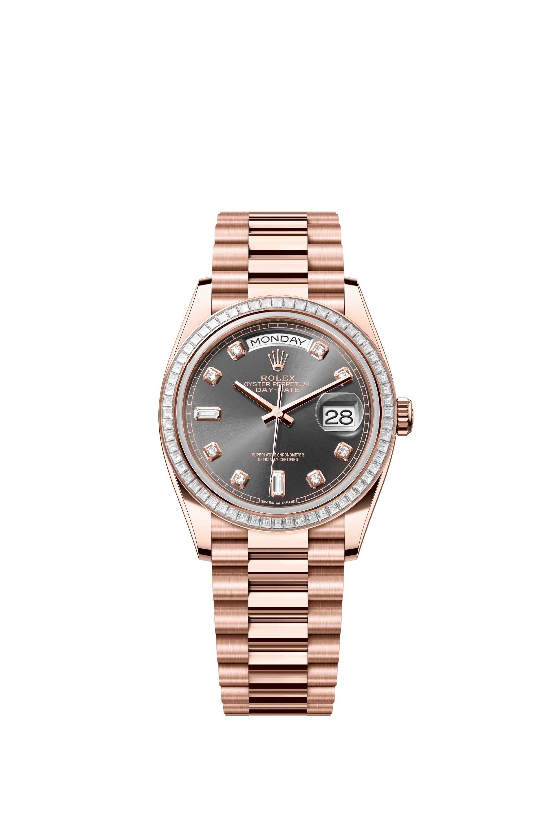 Rolex 128395TBR-0012 : Day-Date 36 Everose Gold - Baguette / Slate - Diamond / President