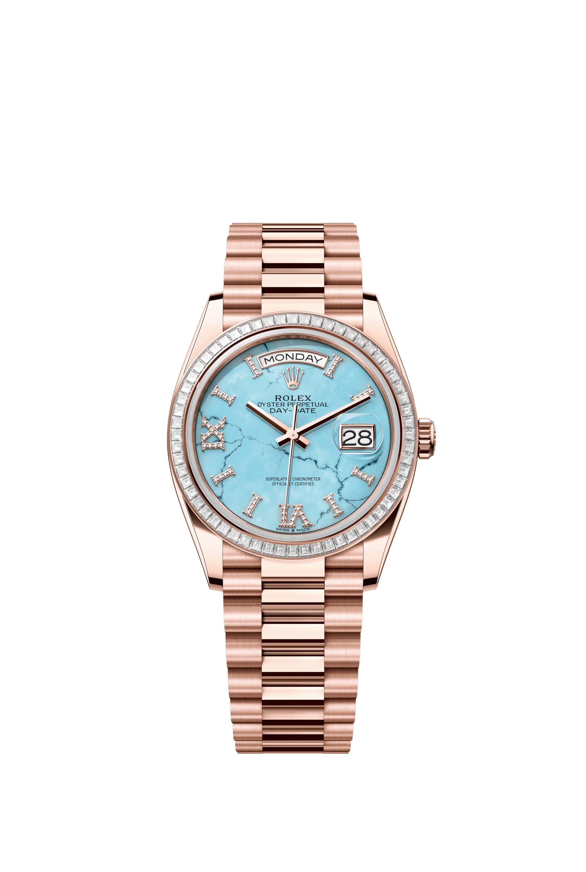 Rolex 128395TBR-0018 : Day-Date 36 Everose Gold - Baguette / Turquoise / President - Diamond